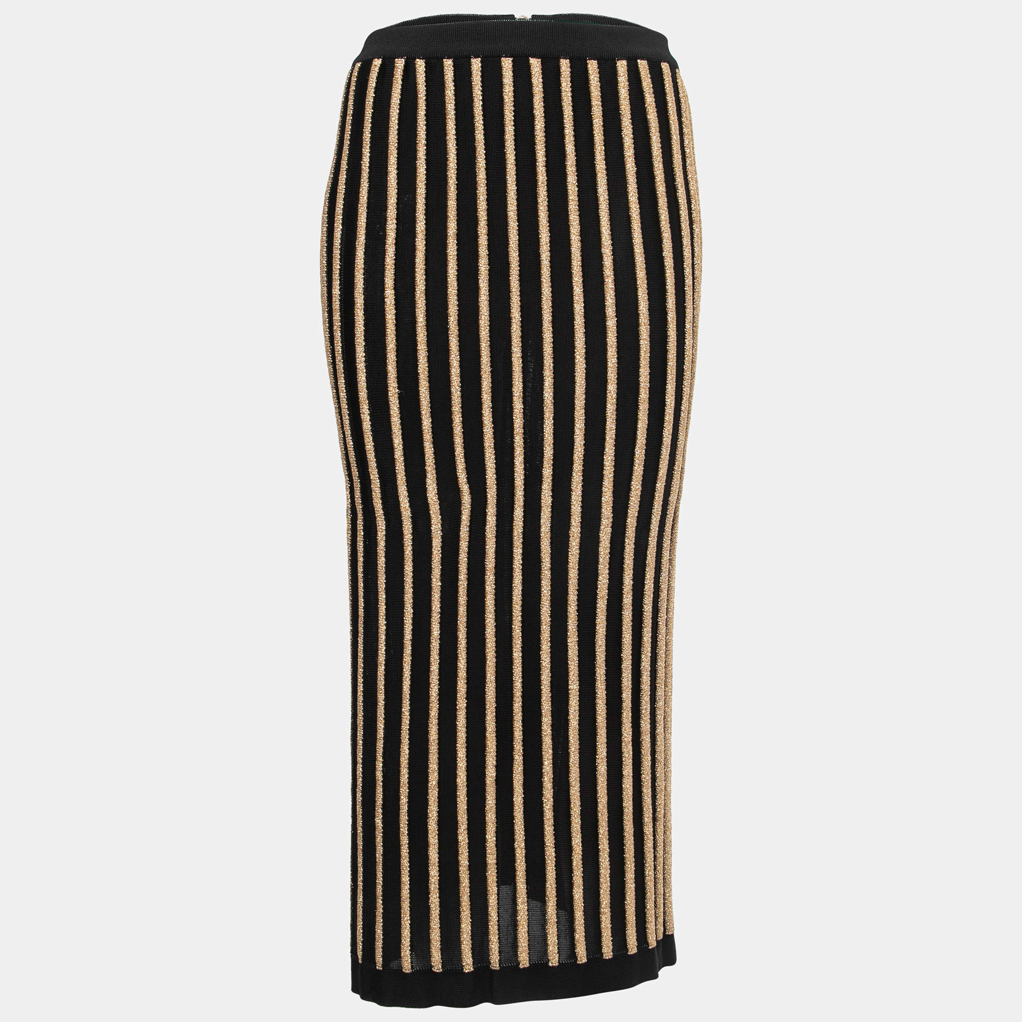Pre Owned Balmain Black/Gold Ribbed Lurex Knit Midi Skirt L