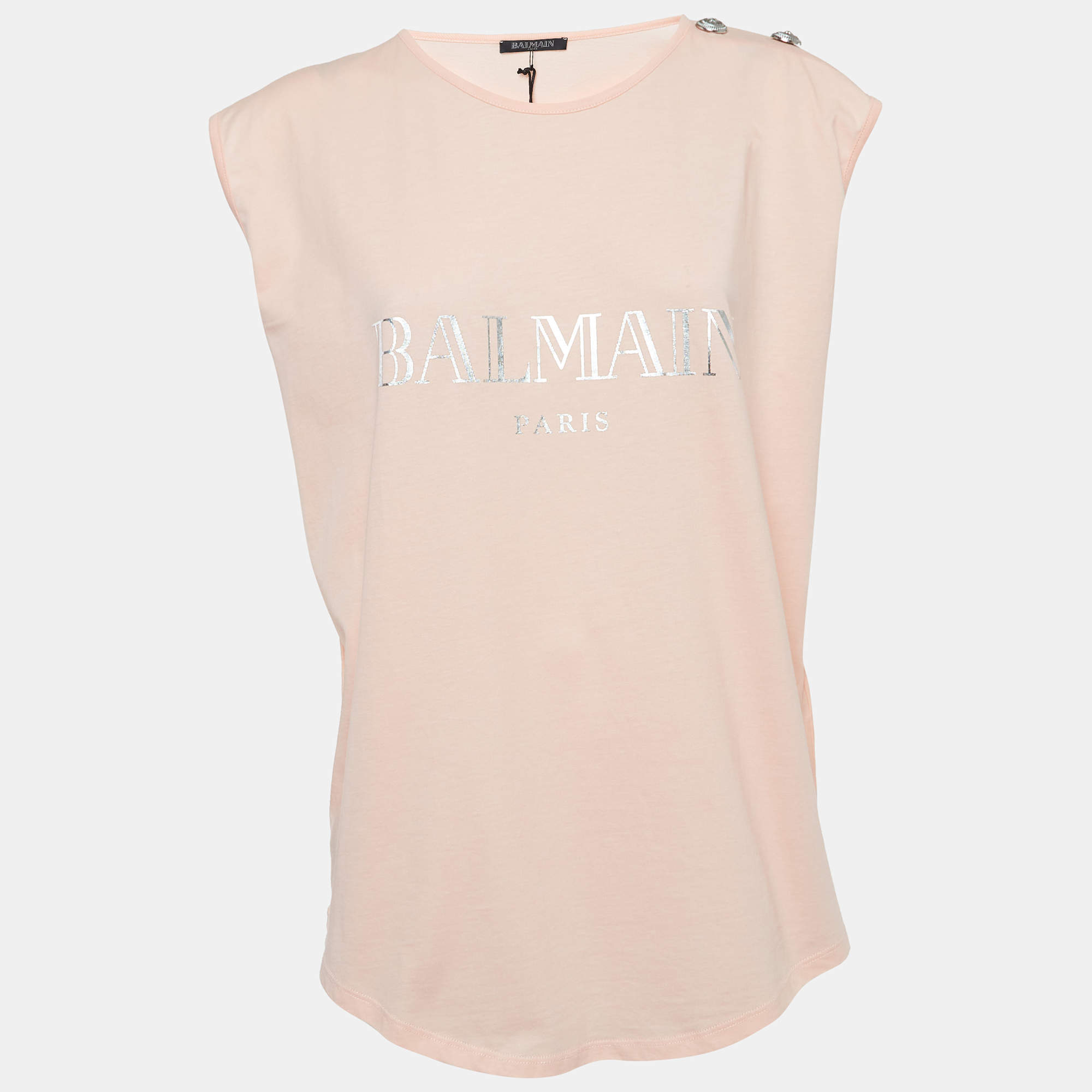 Pre Owned Balmain Light Orange Logo Print Cotton Button Detailed Tank Top XL