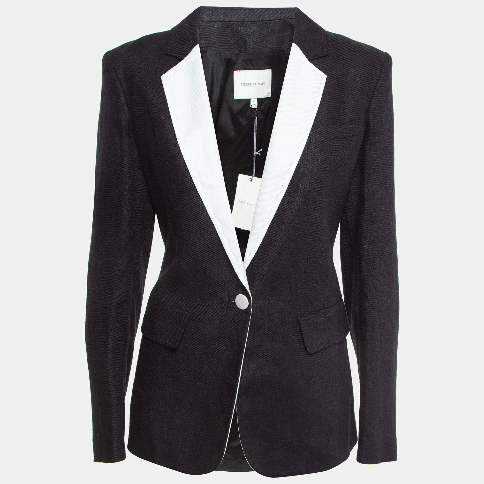 Pre Owned Balmain Black Contrast Collar Linen Single Breasted Blazer XL