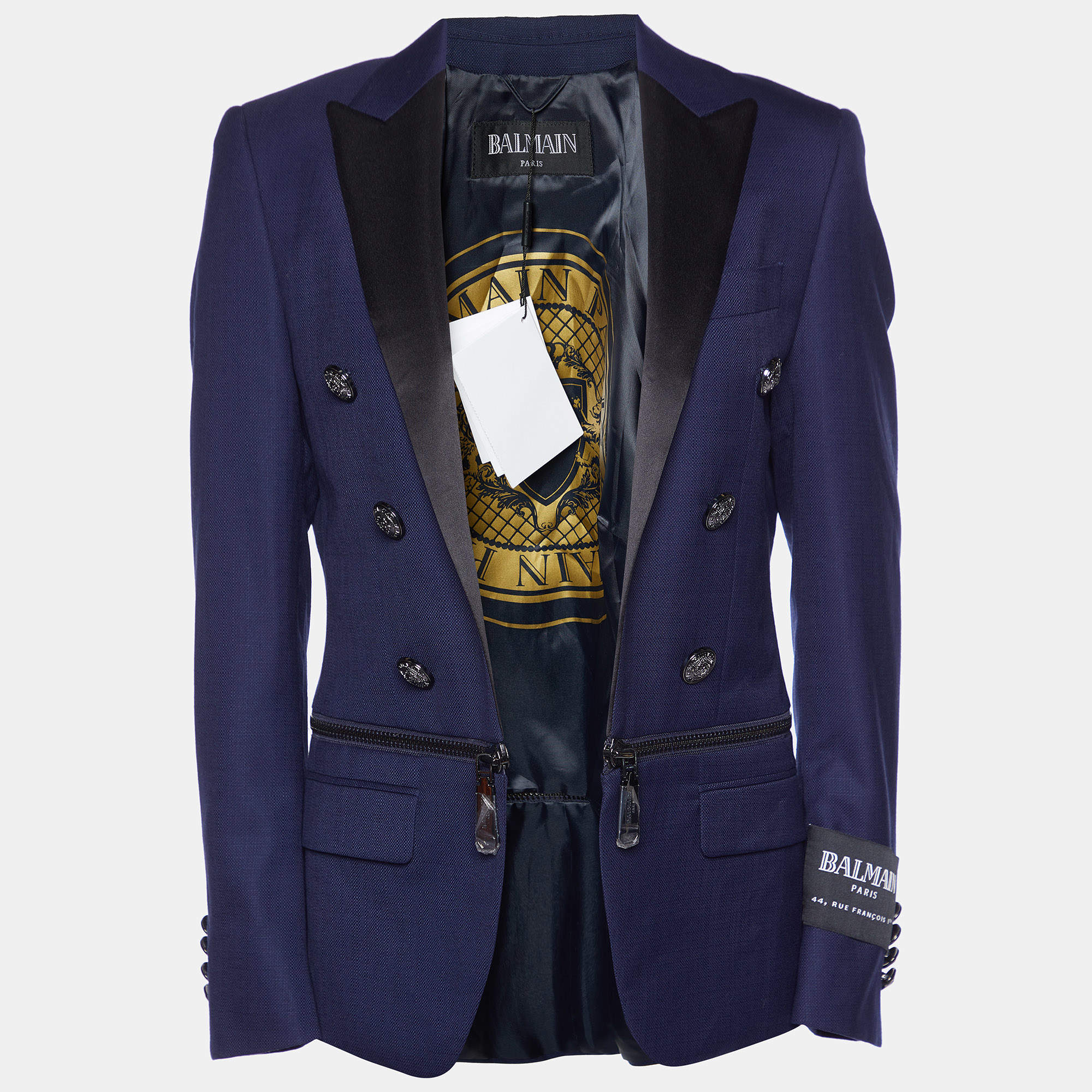 Pre Owned Balmain Navy Blue Wool Zip Detail Slim Fit Jacket M