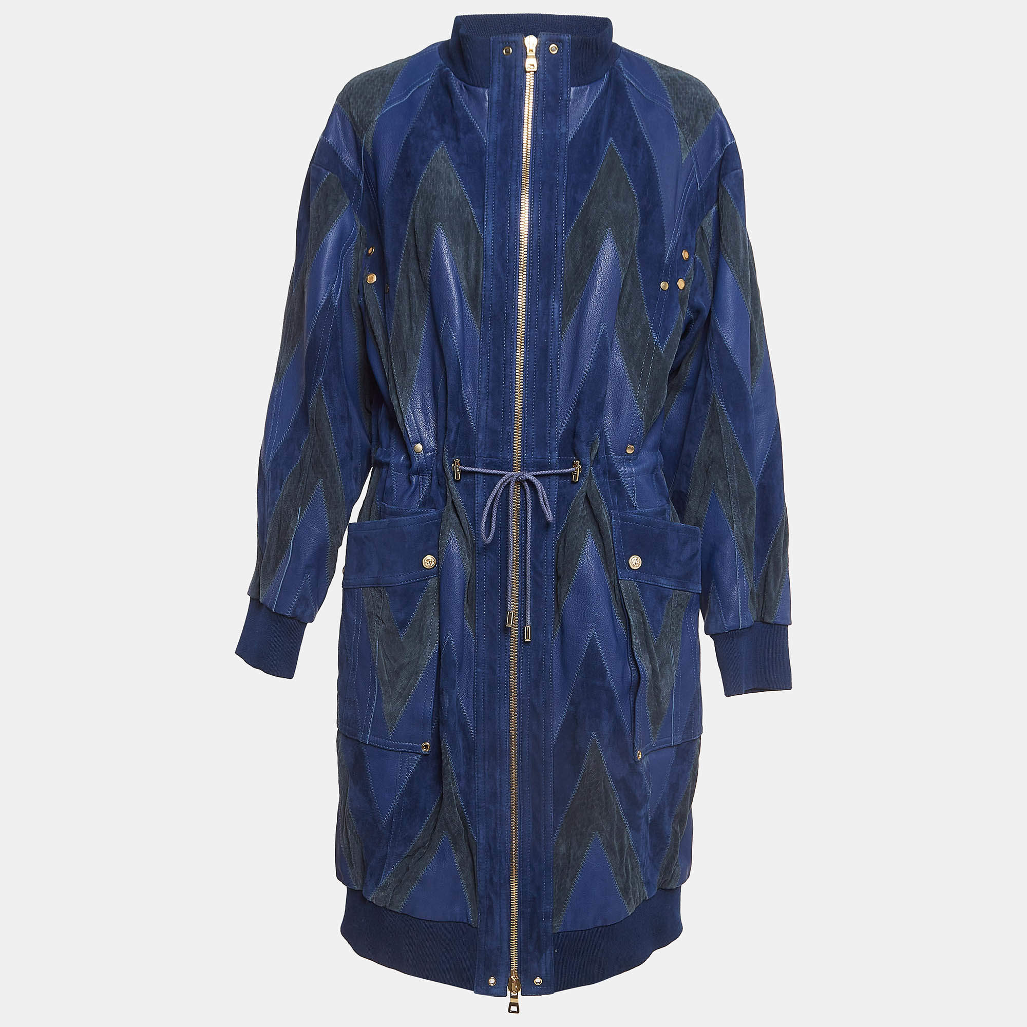 Balmain Blue Suede and Leather Long Zip-Up Jacket M