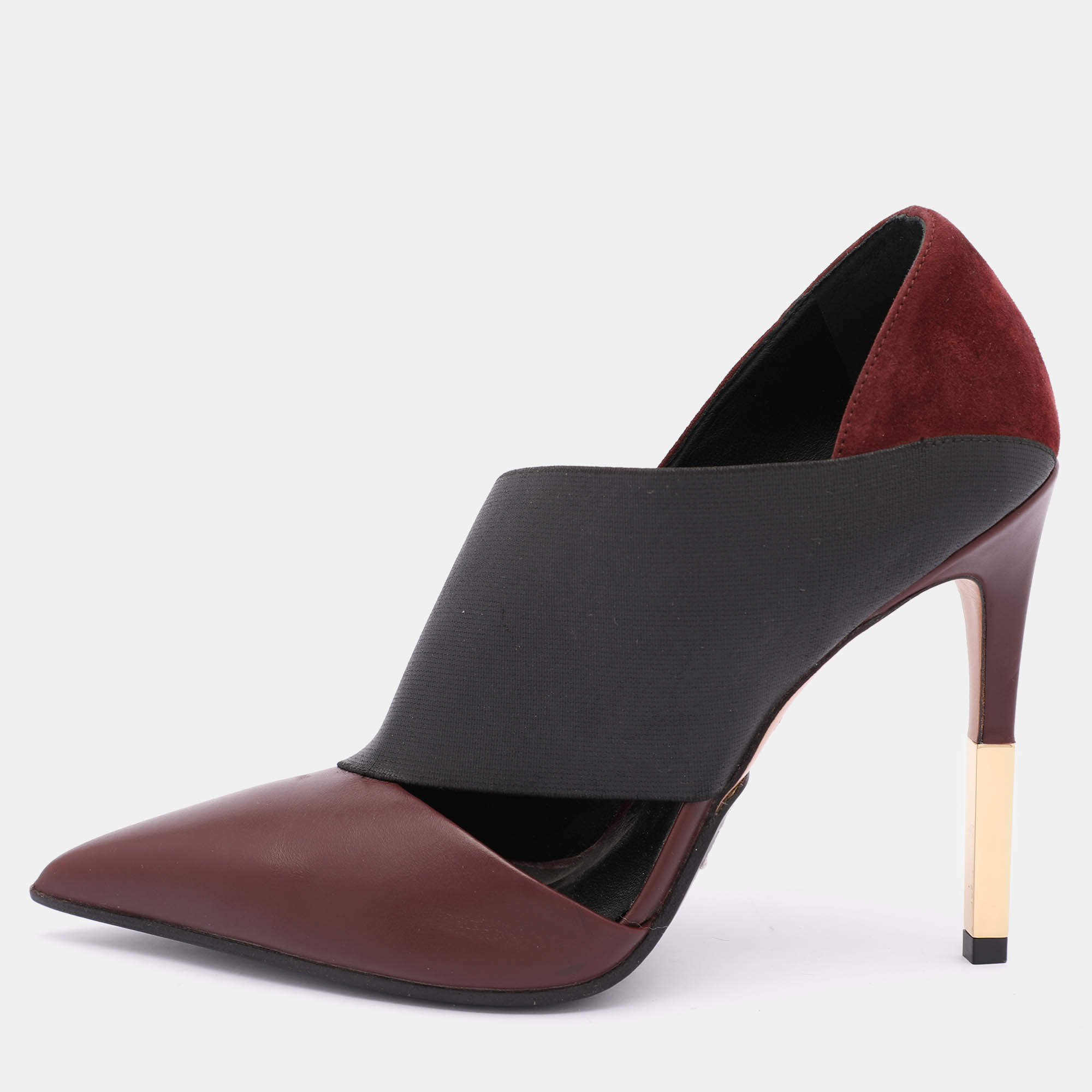 Balmain Burgundy/Black Leather and Elastic Pointed Toe Pumps Size 36