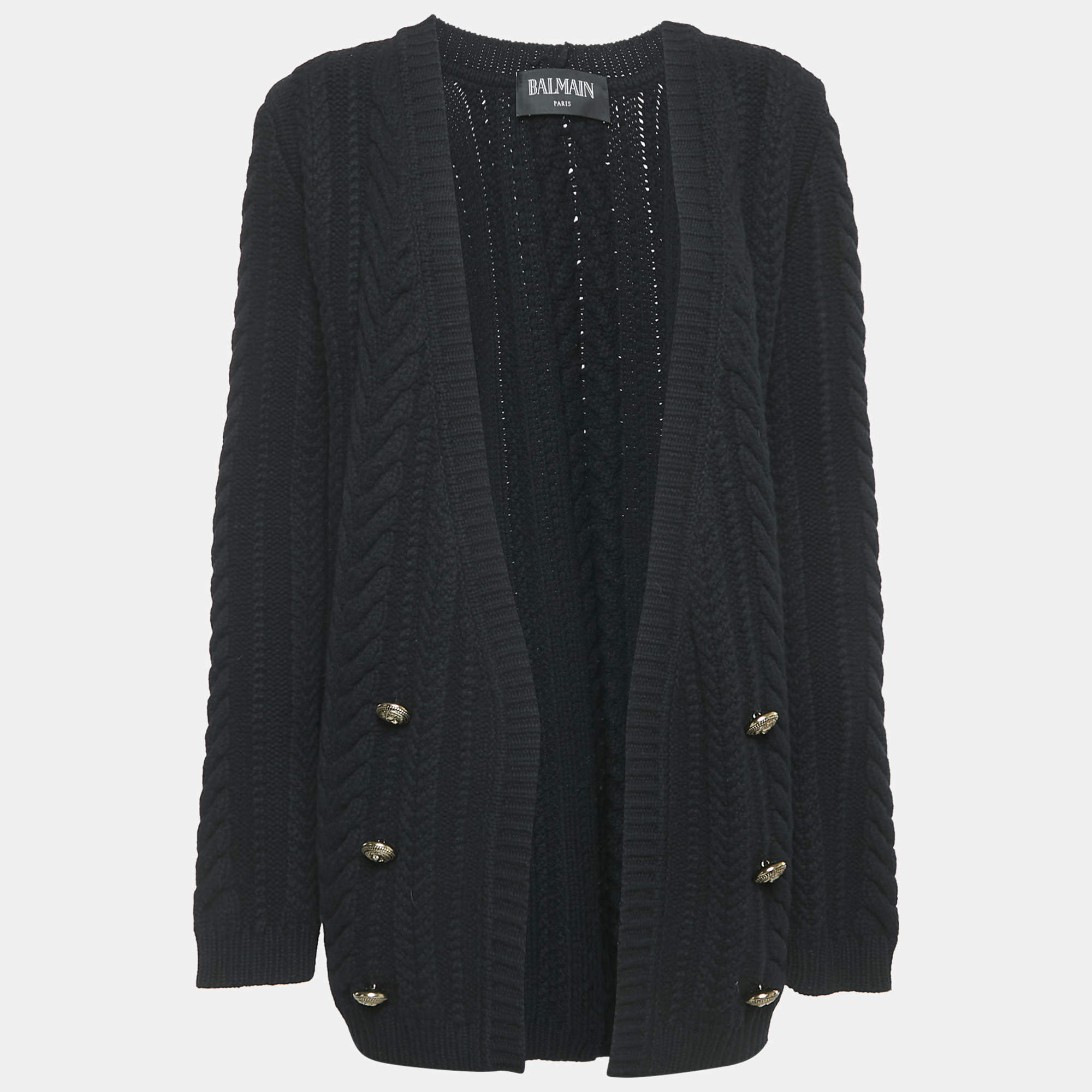 Balmain Black Cable Knit Open Front Cardigan M 