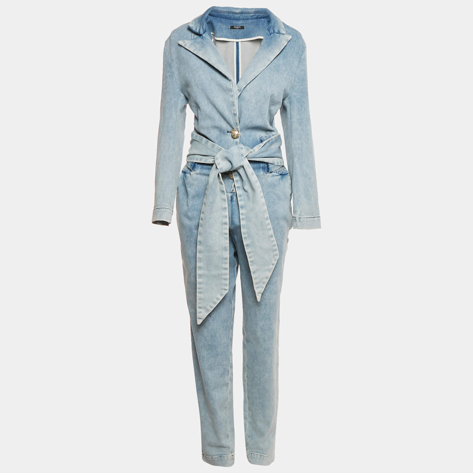 Pre Owned Balmain Paris Blue Denim Belted Jumpsuit L