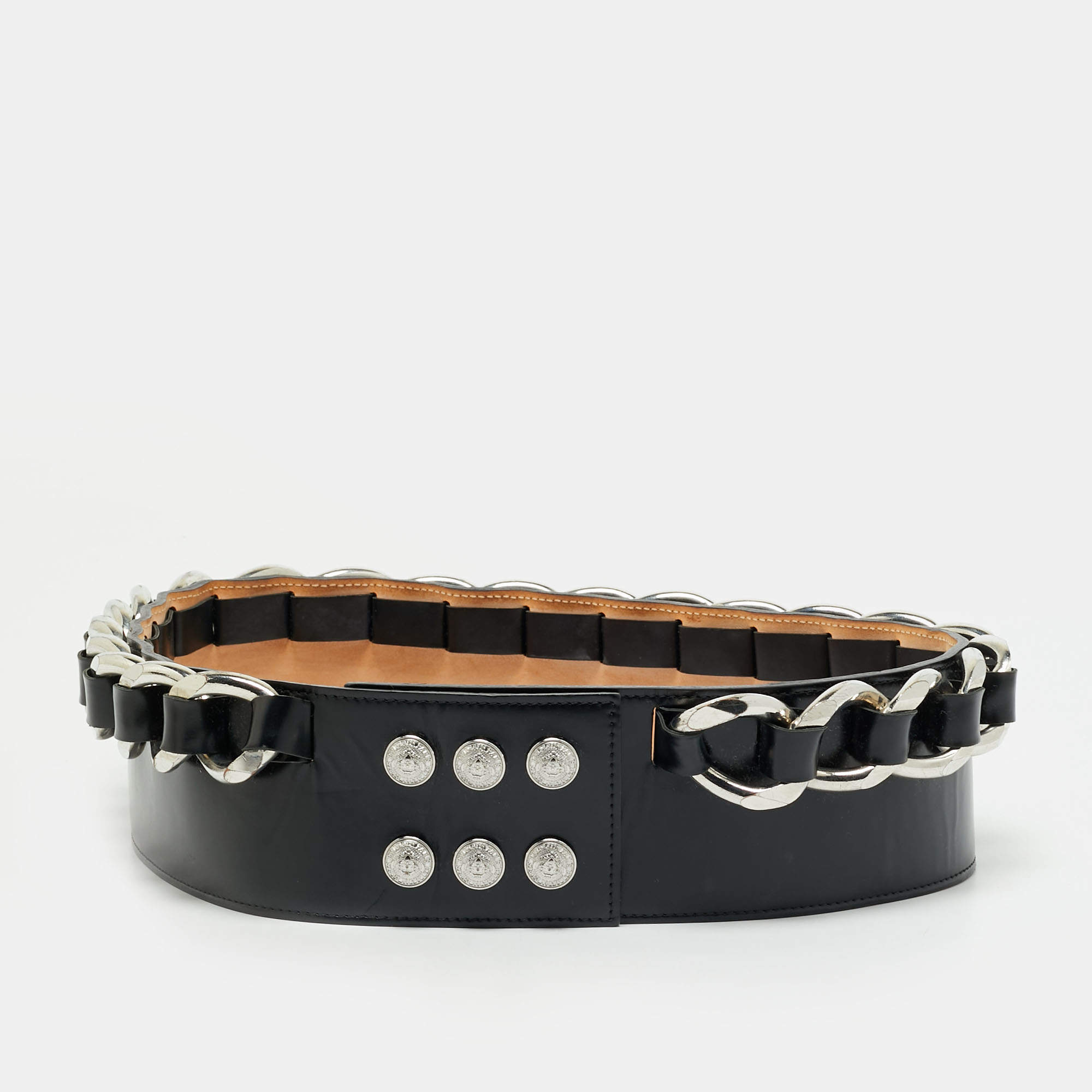 Pre Owned Balmain Chain Embellished Waist Belt Black Leather