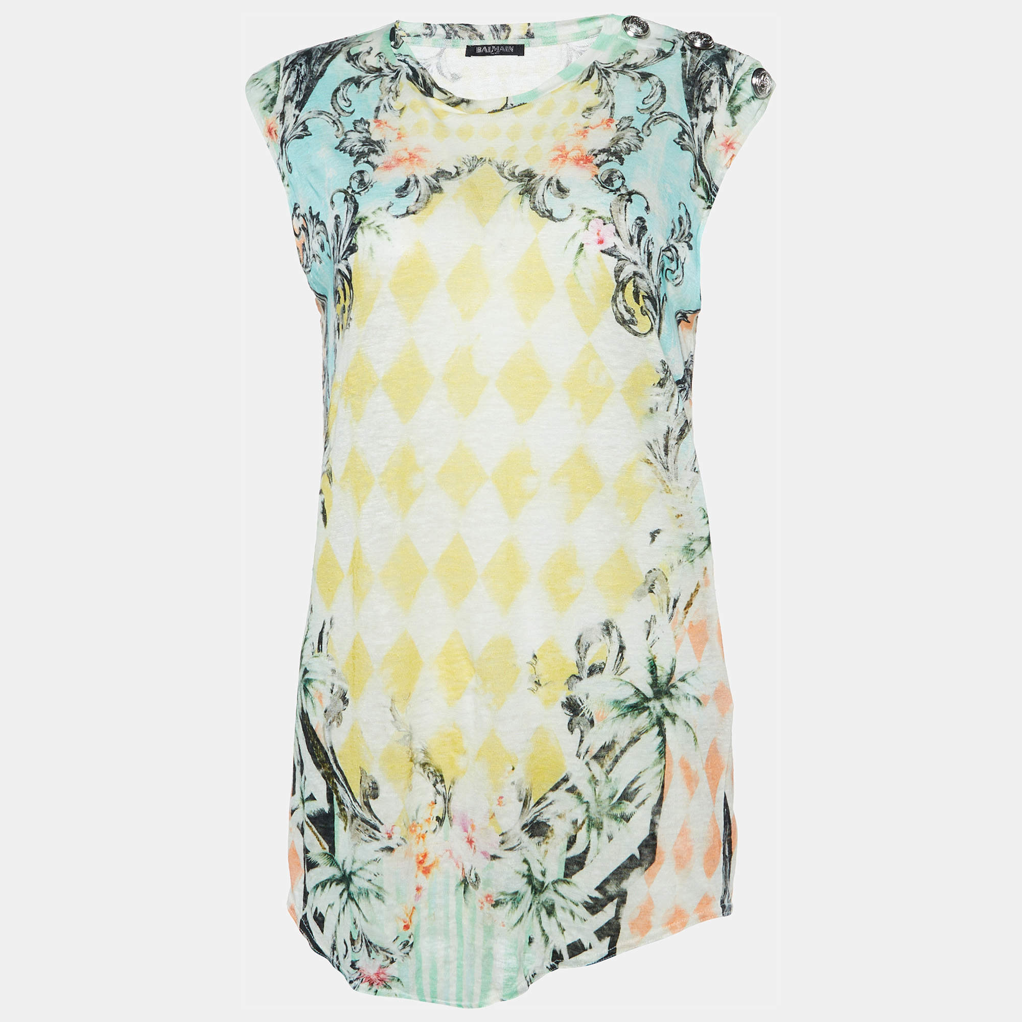 Balmain Multicolor Floral Print Linen Jersey Tank Top M