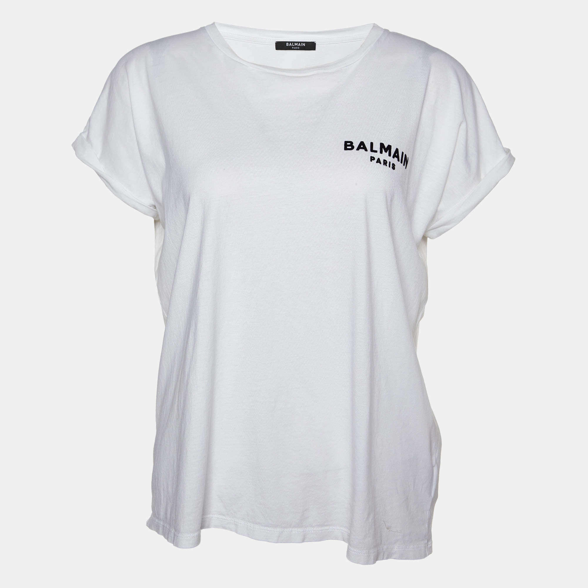 Pre Owned Balmain White Logo Flock Print Cotton Crew Neck T-Shirt S