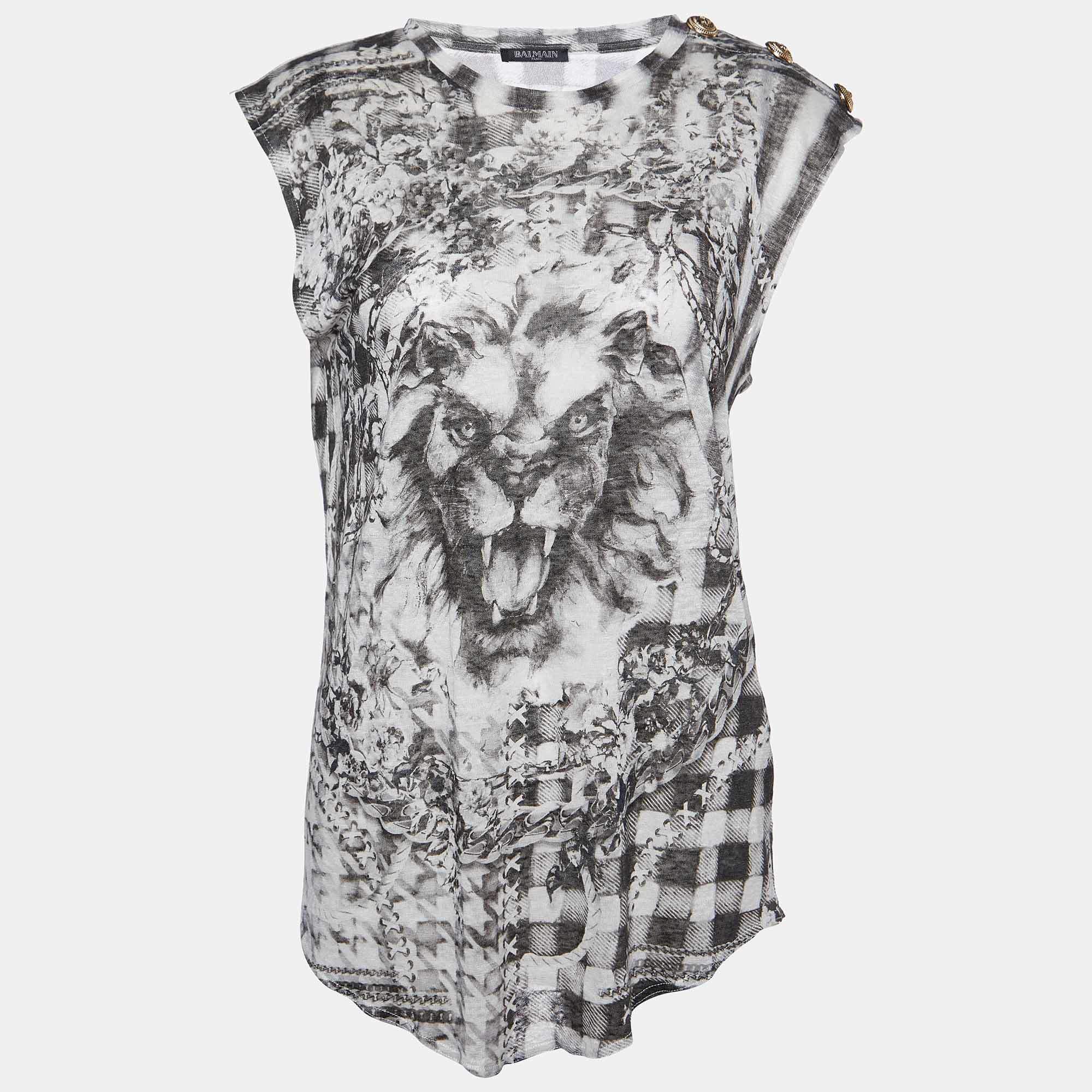 Balmain Grey Printed Linen Knit Sleeveless Top M