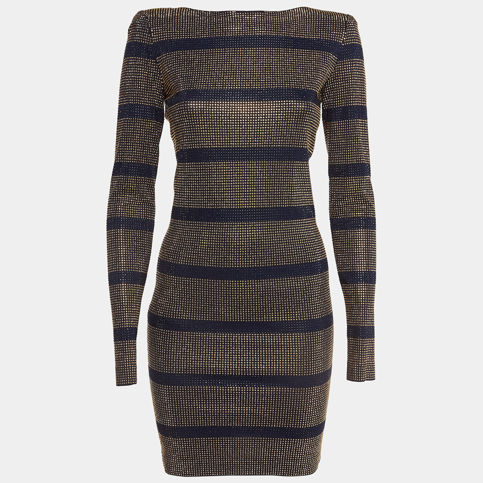 Balmain Blue/Gold Studded Stripe Jersey Mini Dress M