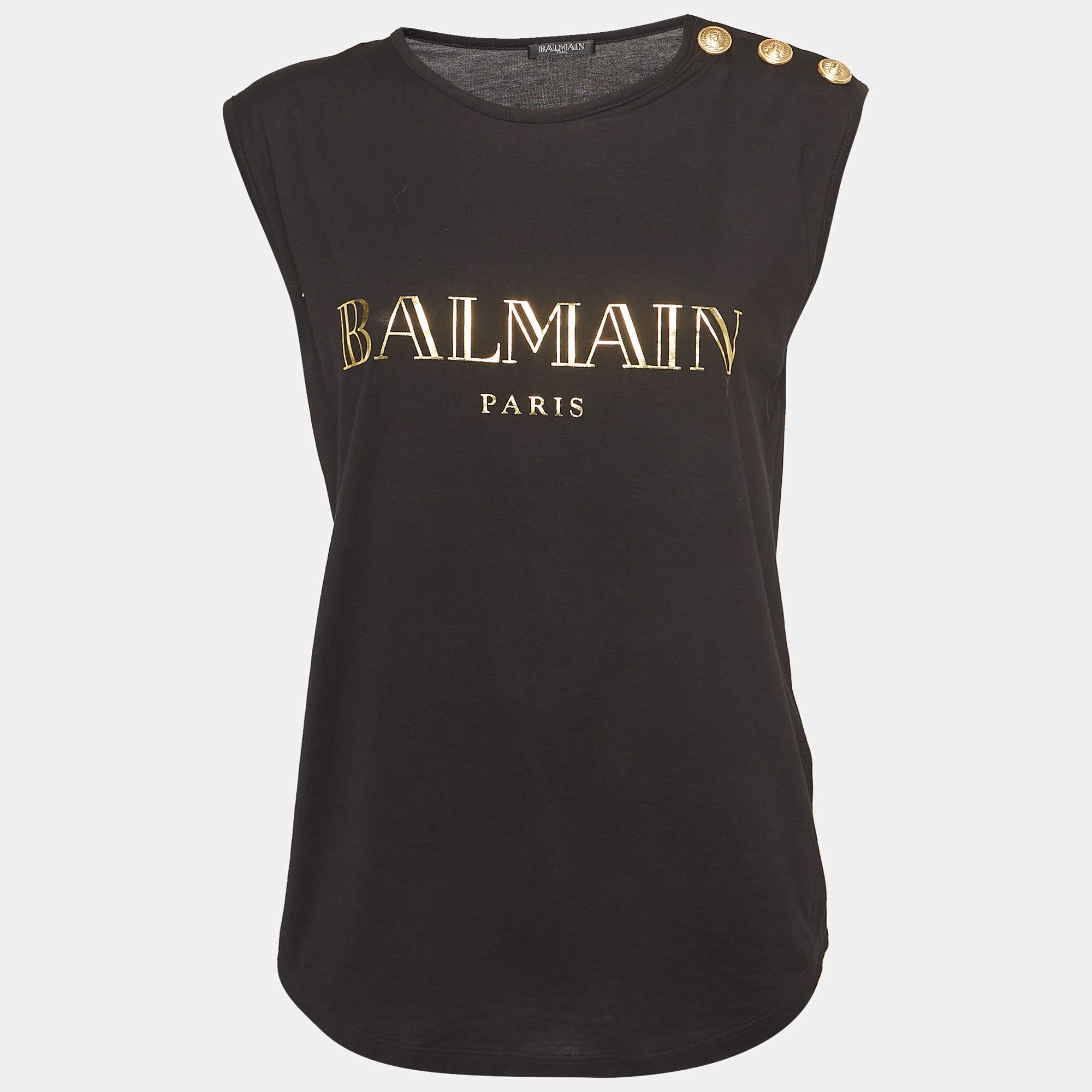 Pre Owned Balmain Black Logo Print Cotton Tank Top S