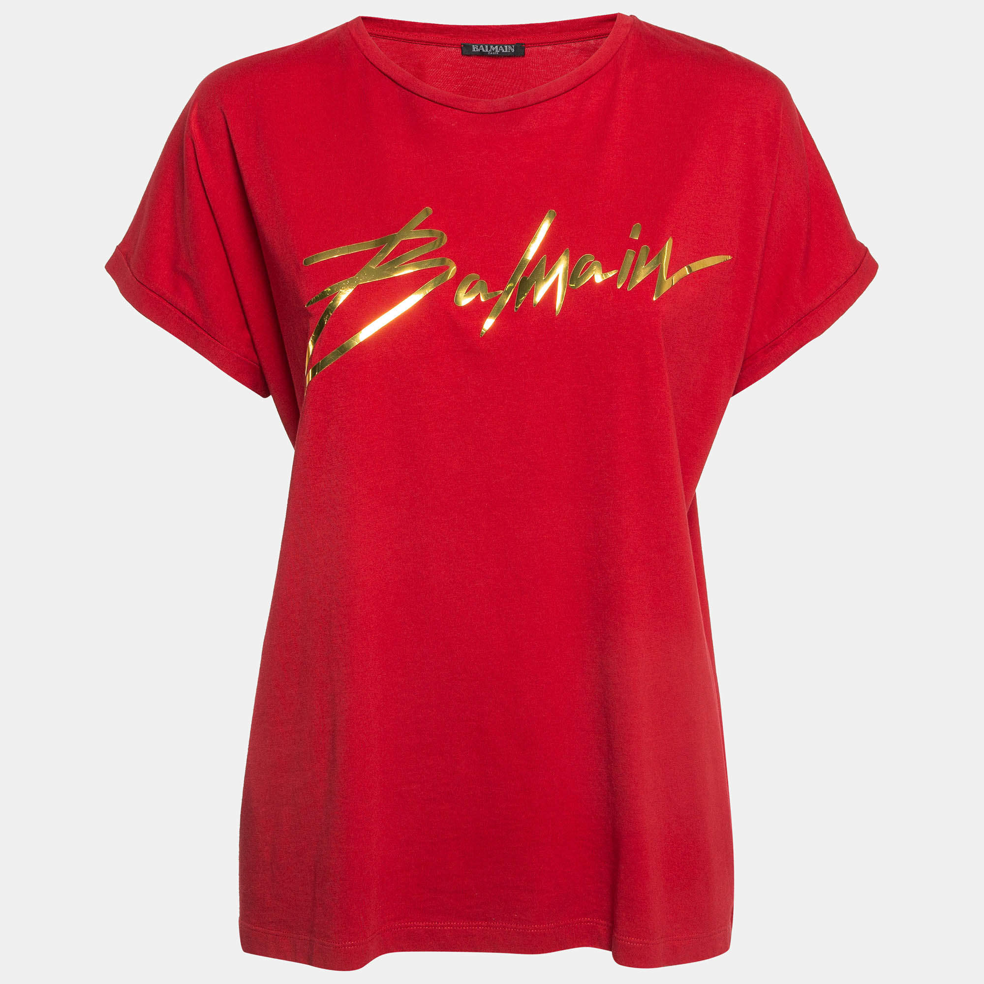 Pre Owned Balmain Red Foil Logo Printed Cotton T-Shirt M