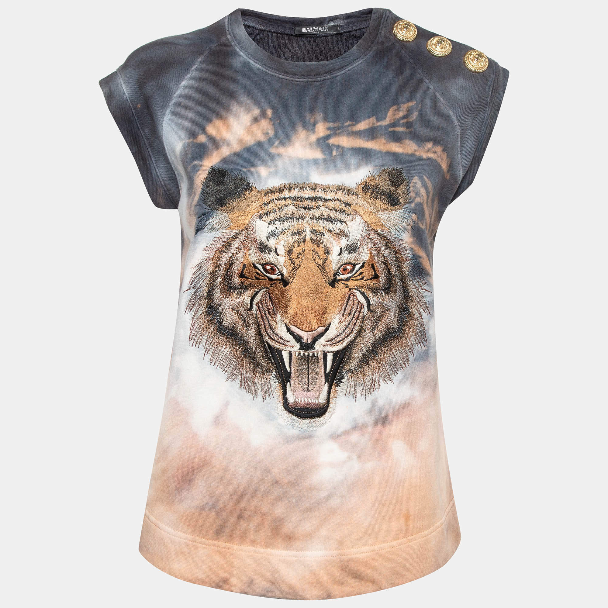 Pre Owned Balmain Multicolor Tiger Embroidered Dyed Cotton T-Shirt S