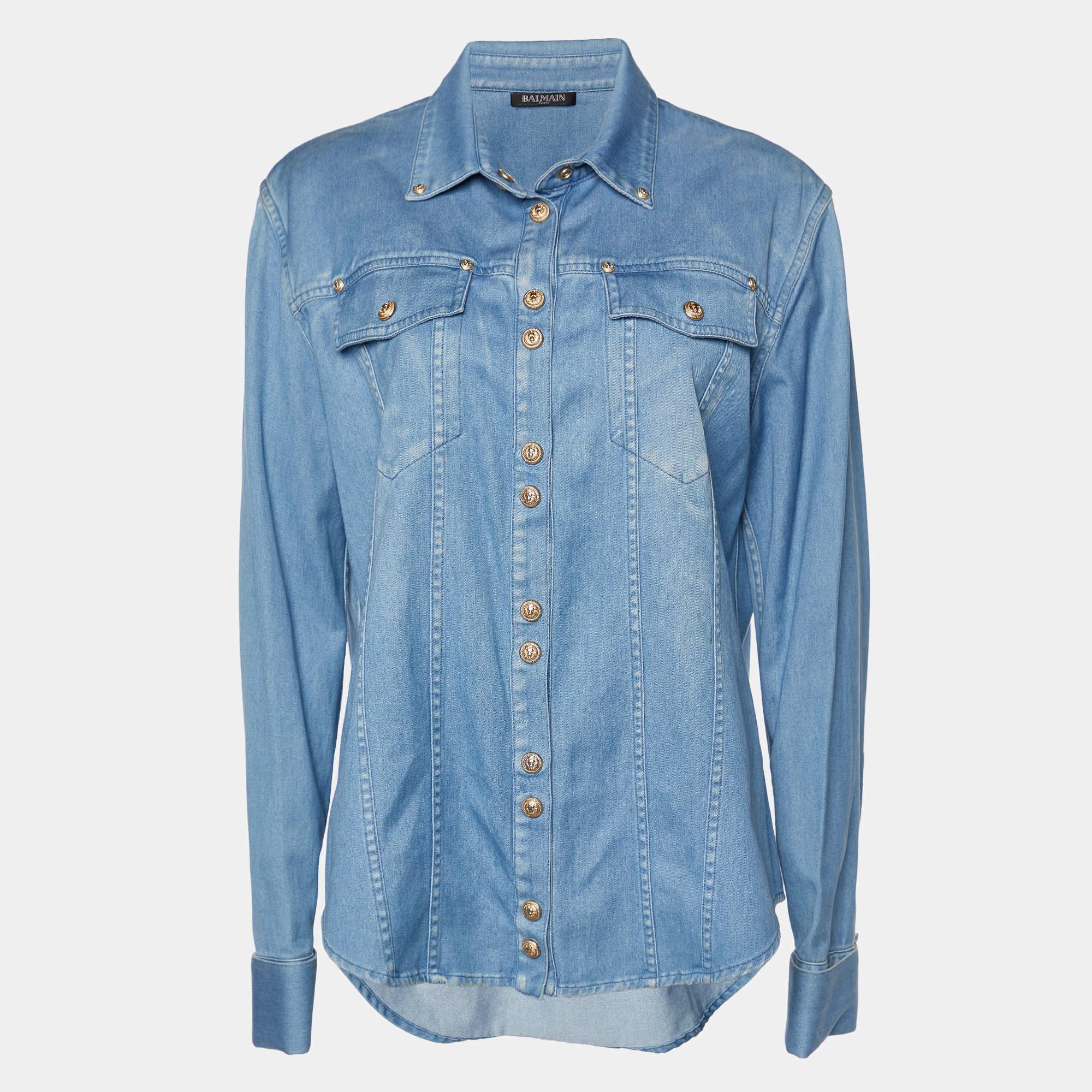Pre Owned Balmain Light Blue Denim Gold Button Detail Long Sleeve Shirt L