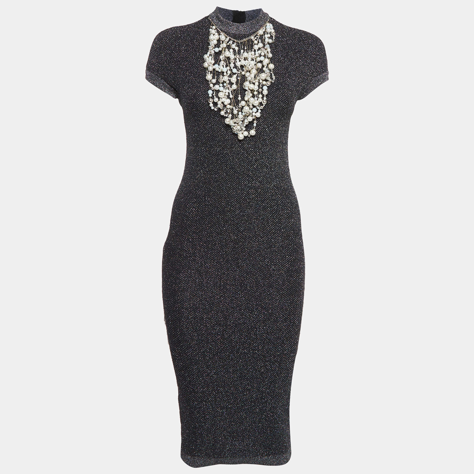 Pre Owned Balmain Black Lurex Knit Chain Embellished Short Dress S