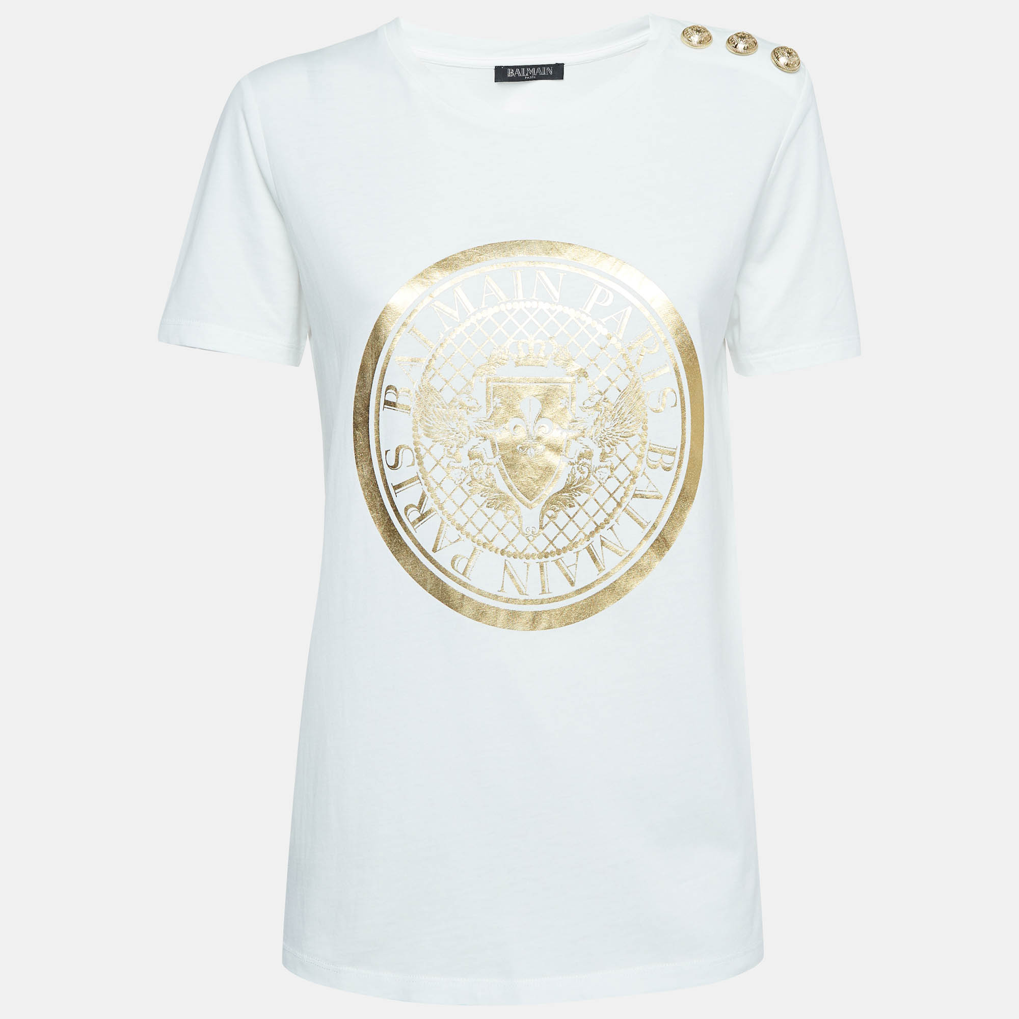 Pre Owned Balmain White/Golden Logo Print Cotton Jersey T-Shirt S