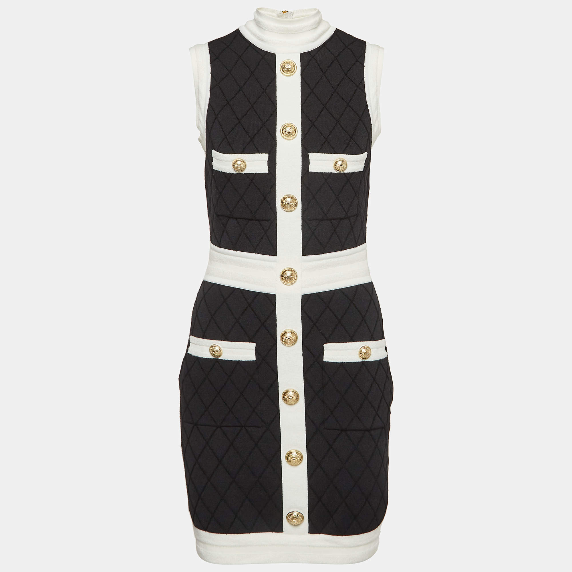 Balmain Black Patterned Jersey Detailed Button Mini Dress M