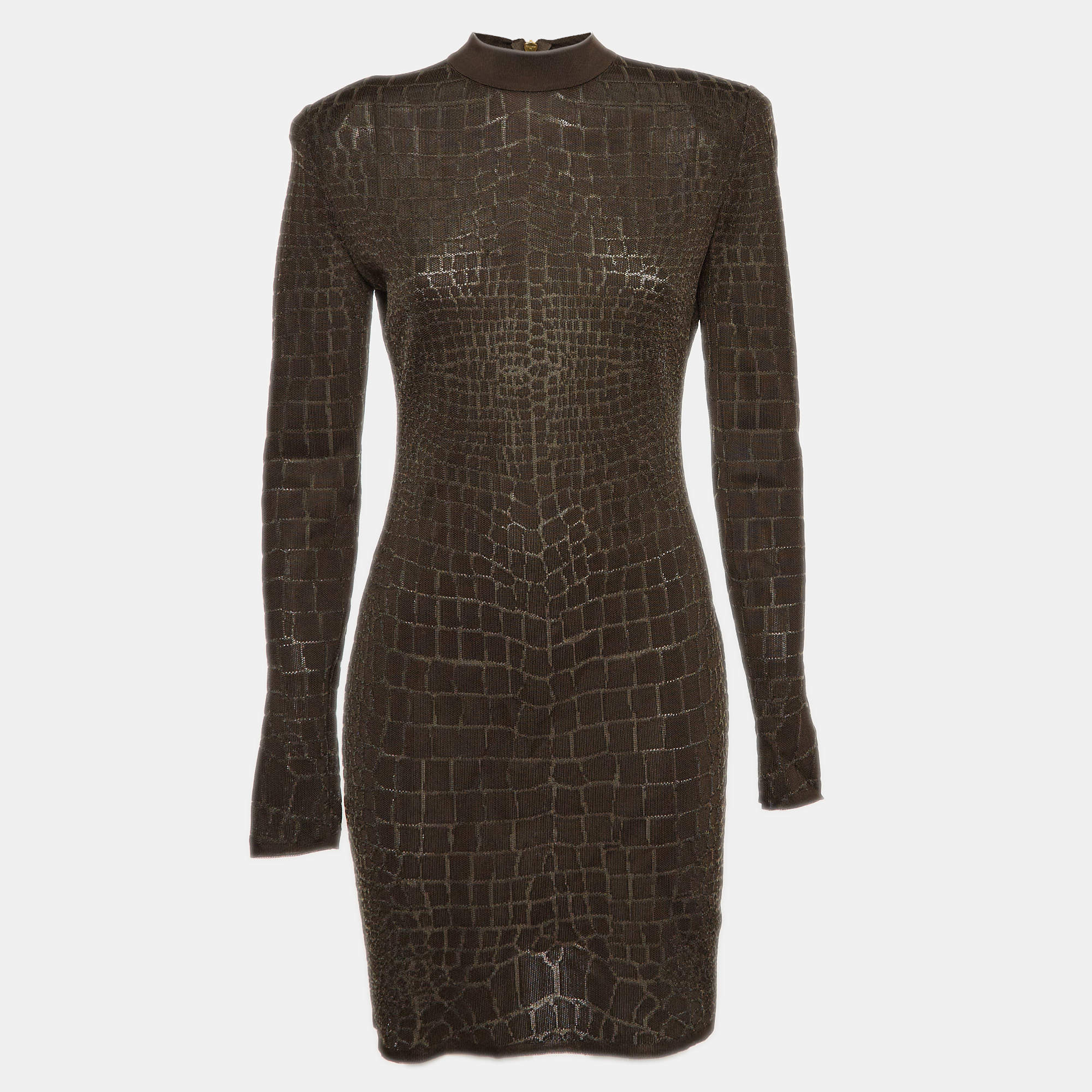Balmain Brown Crocodile Patterned Jersey Fitted Mini Dress L