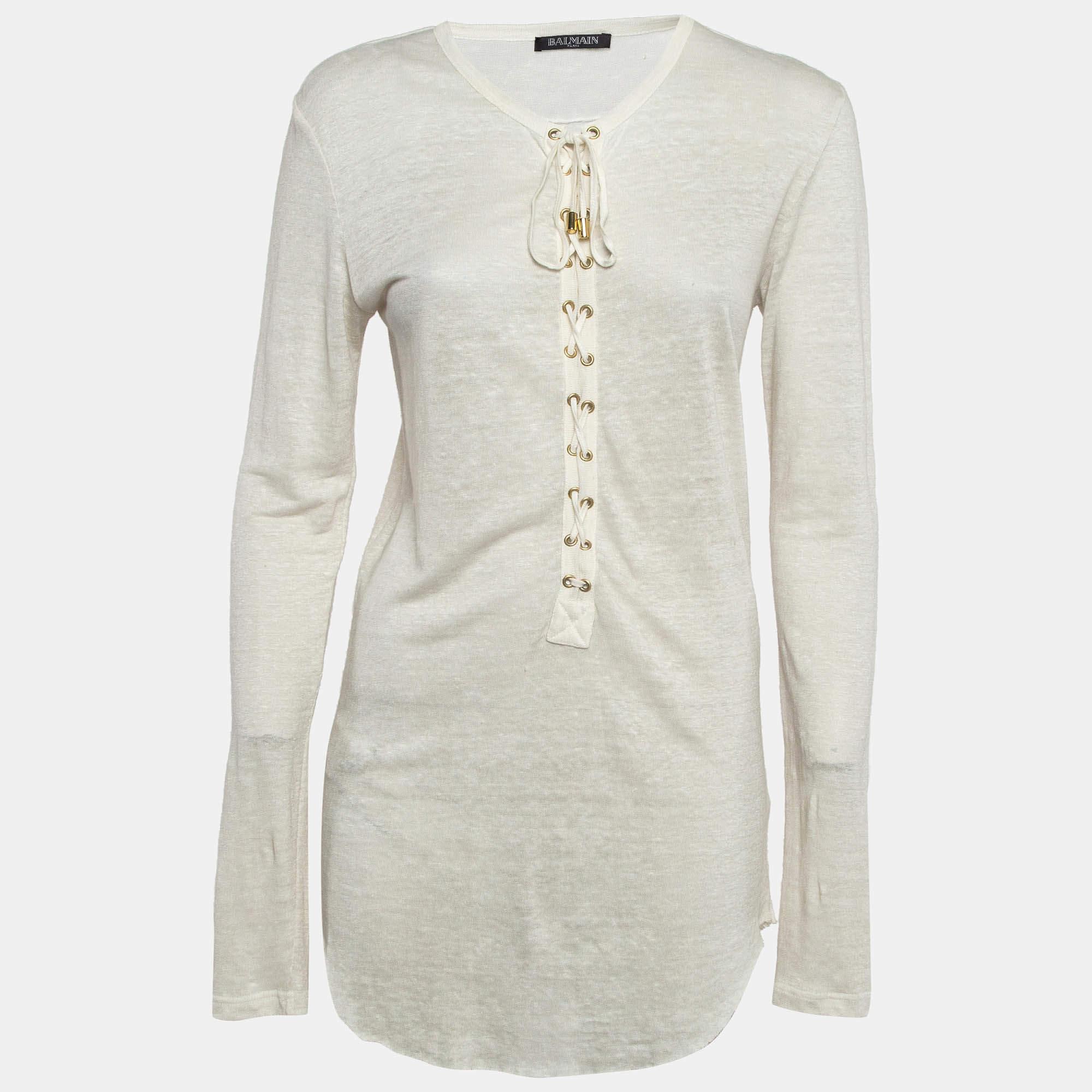 Balmain Off-White Linen Knit Lace-Up Top M