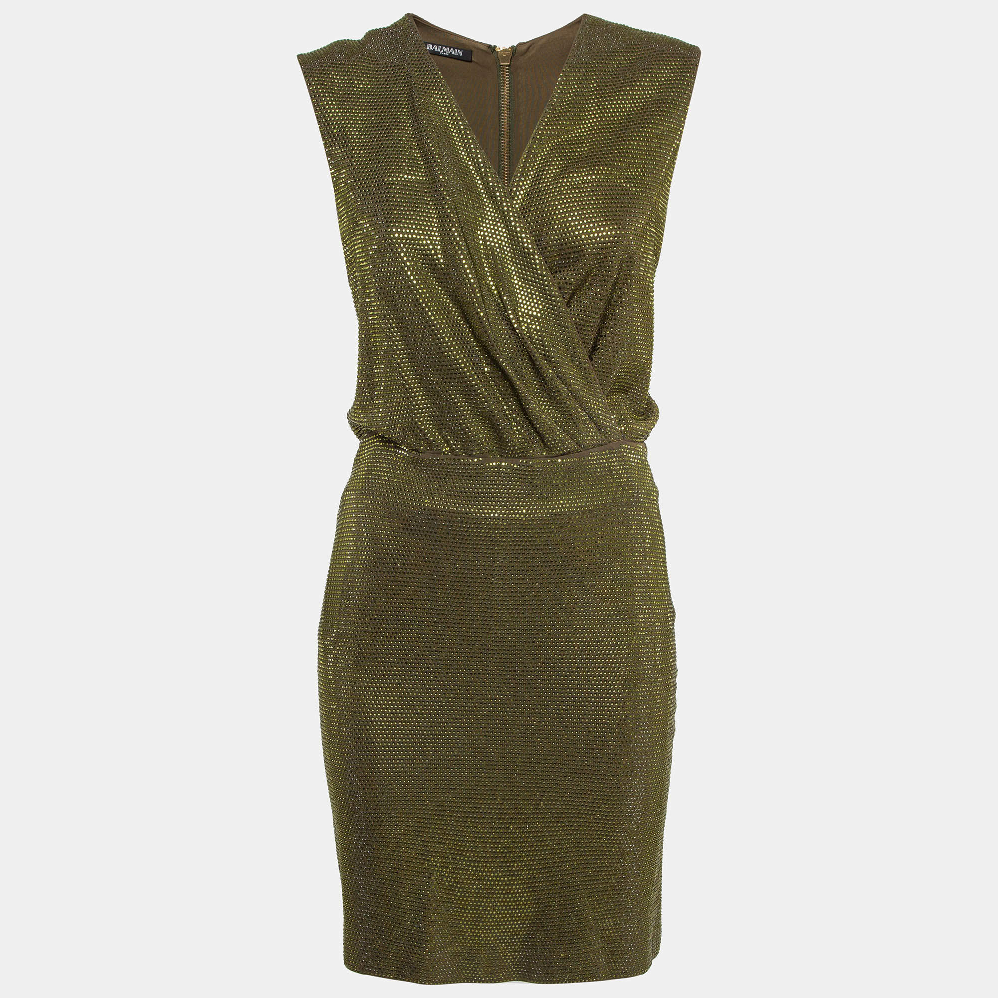 Pre Owned Balmain Green Embellished Jersey V-Neck Sleeveless Dress M