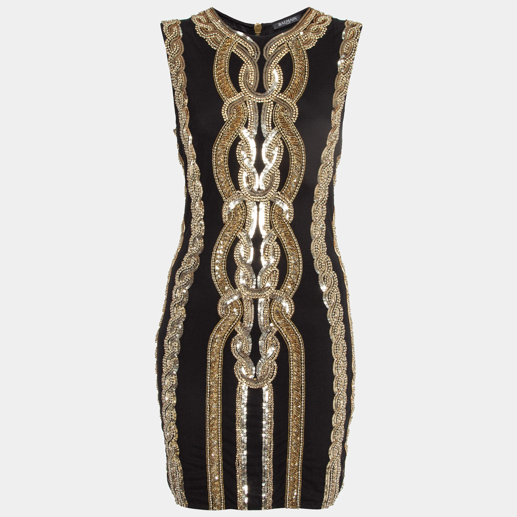 Balmain Black/ Gold Sequin and Crystal Embellished Mesh Mini Dress M