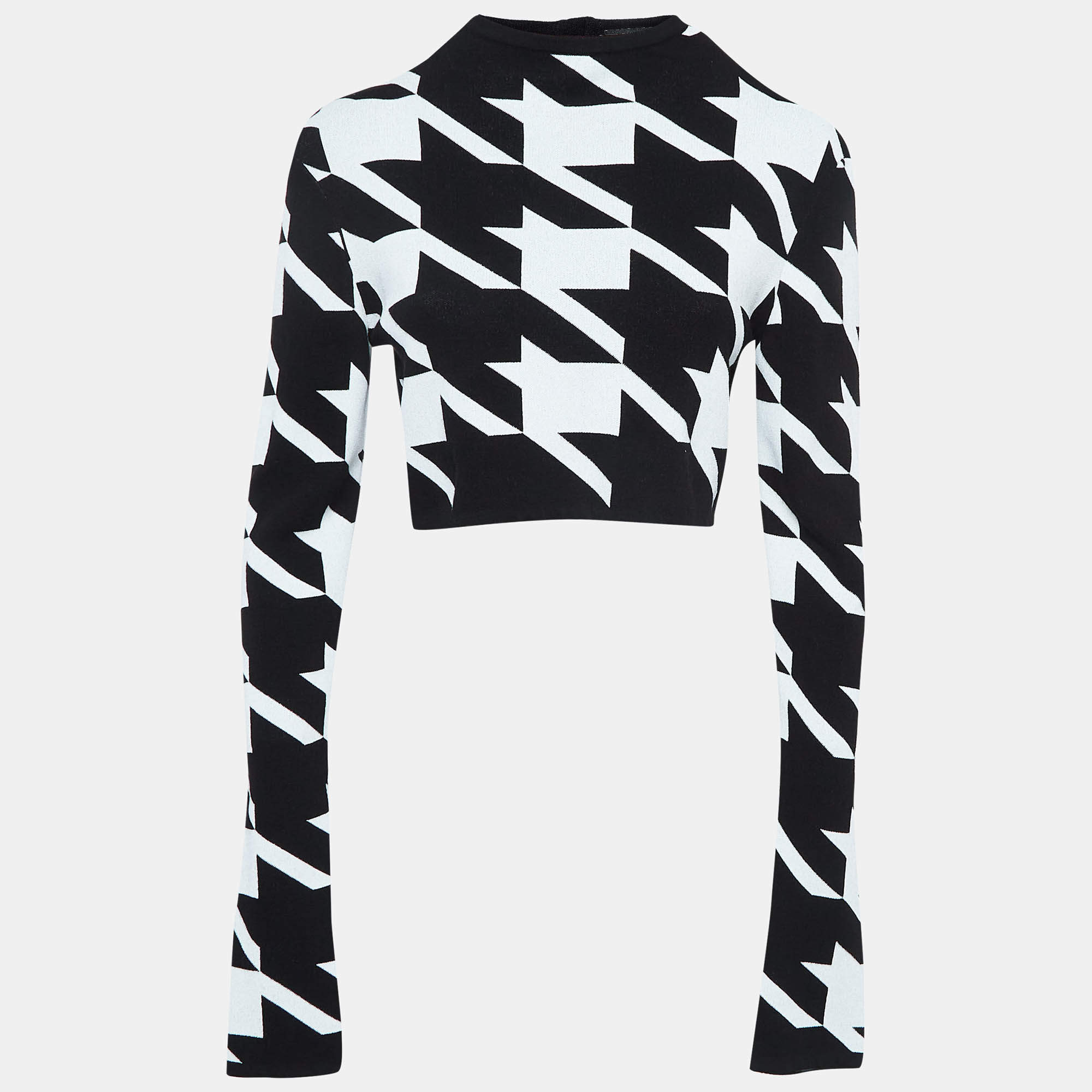 Pre Owned Balmain Black/White Houndstooth Patterned Knit Zip-Up Cardigan M