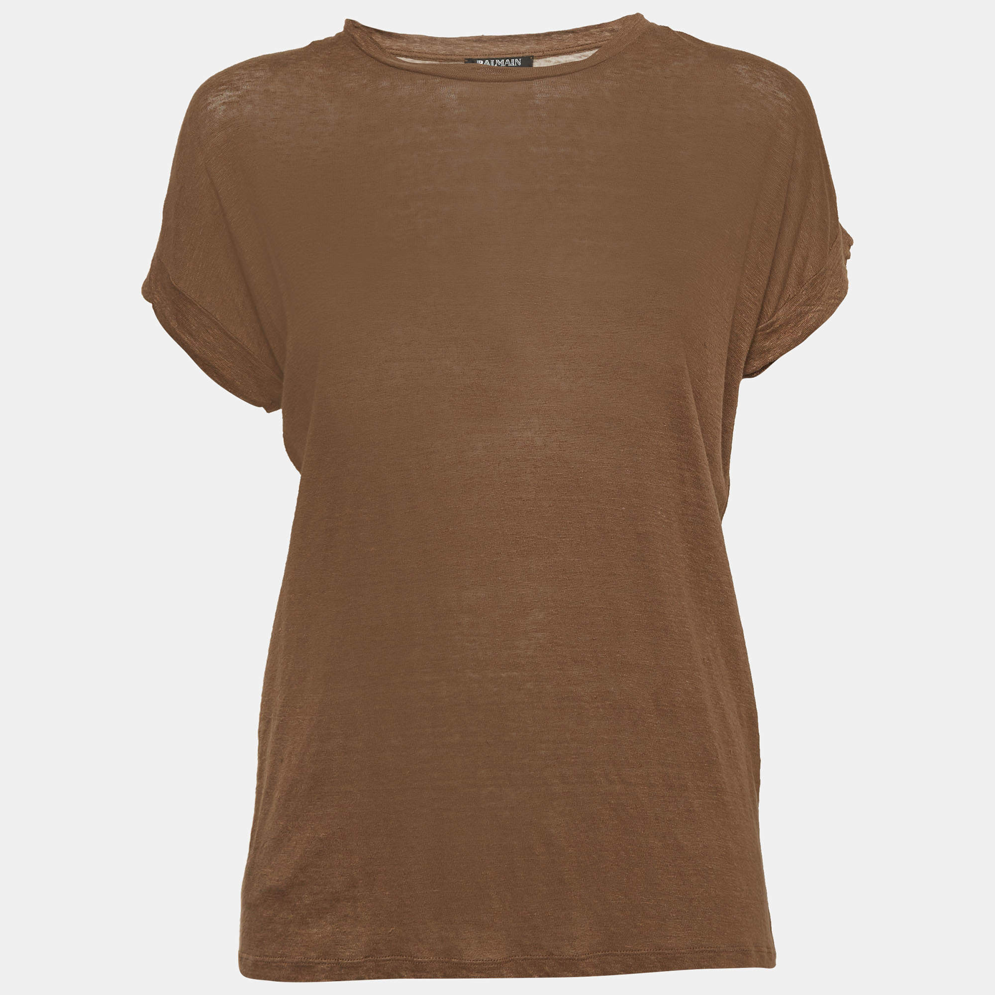 Balmain Brown Stretch Linen Jersey Rolled Sleeve T-Shirt S