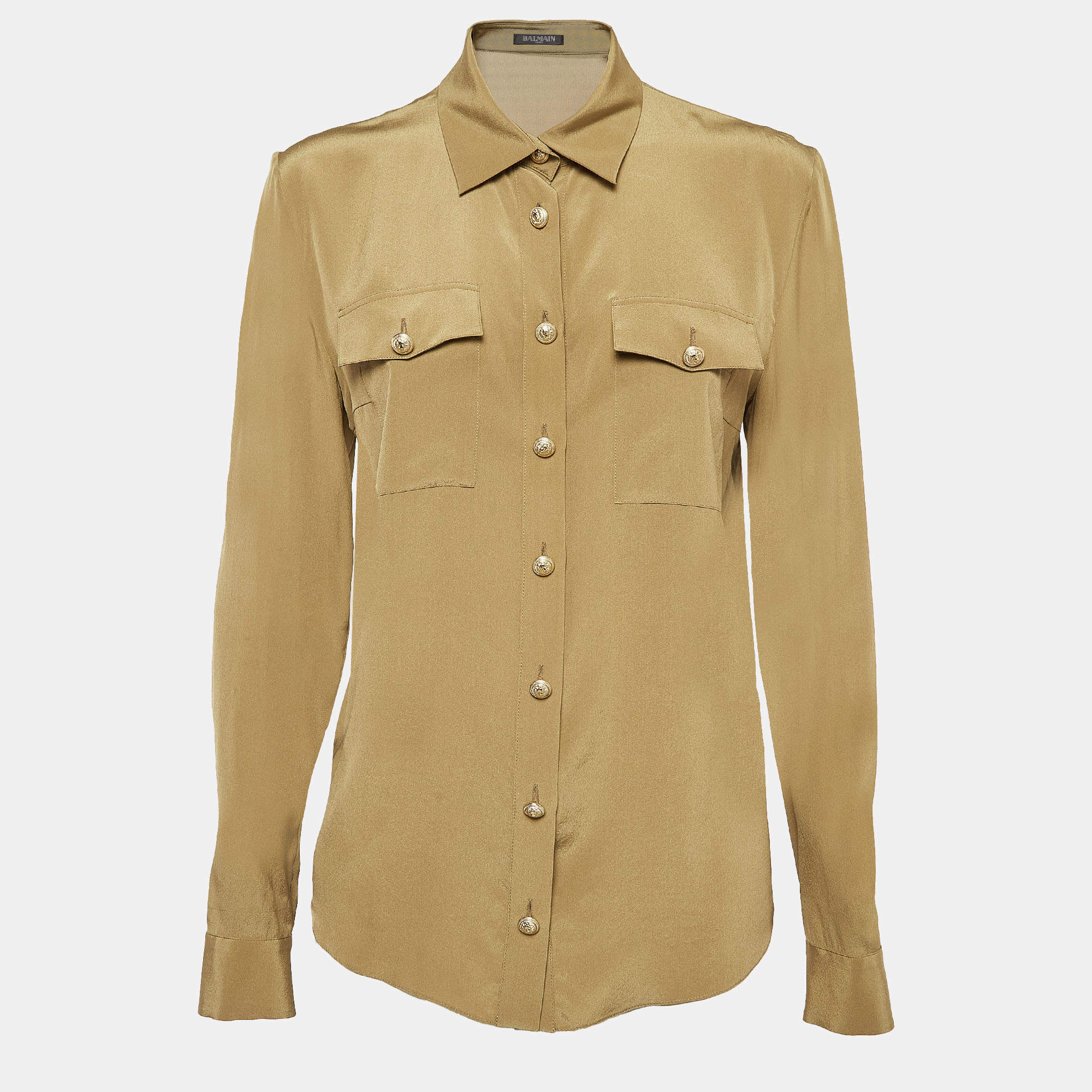 Pre Owned Balmain Green Silk Long Sleeve Shirt M