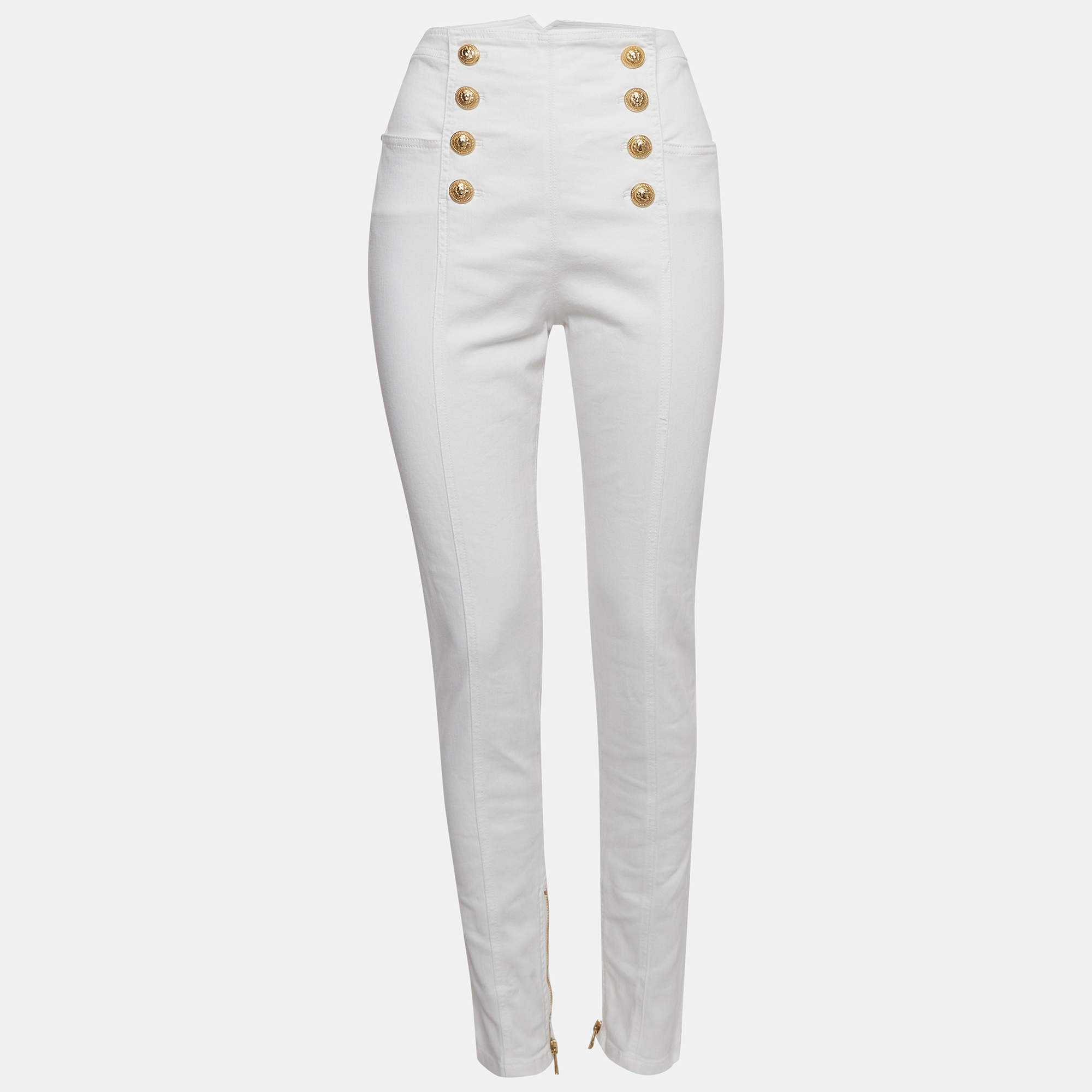 Balmain White Denim Button Embellished High Waist Pants L