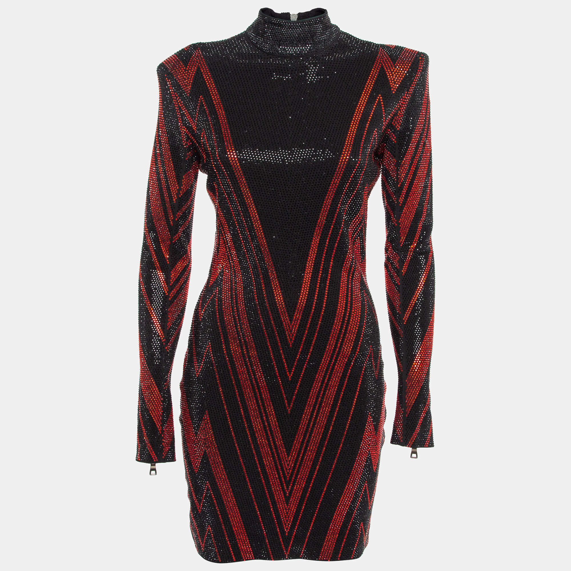 Balmain Black/Red Chevron Patterned Crystal Embellished Jersey Mini Dress M