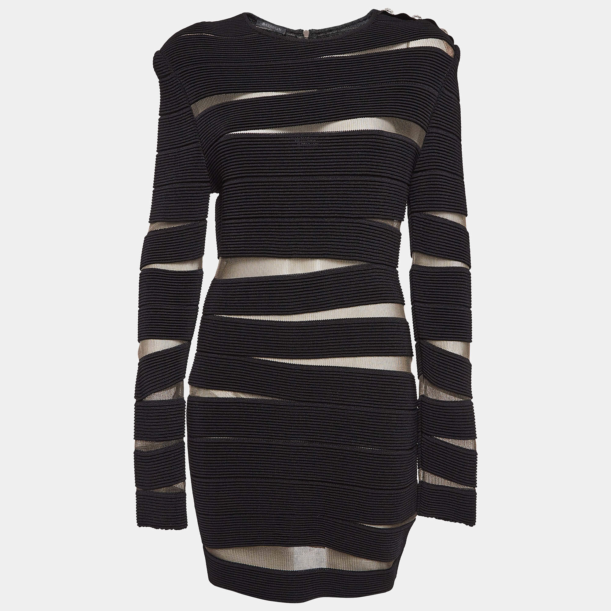 Balmain Black Open Knit Long Sleeve Mini Dress L