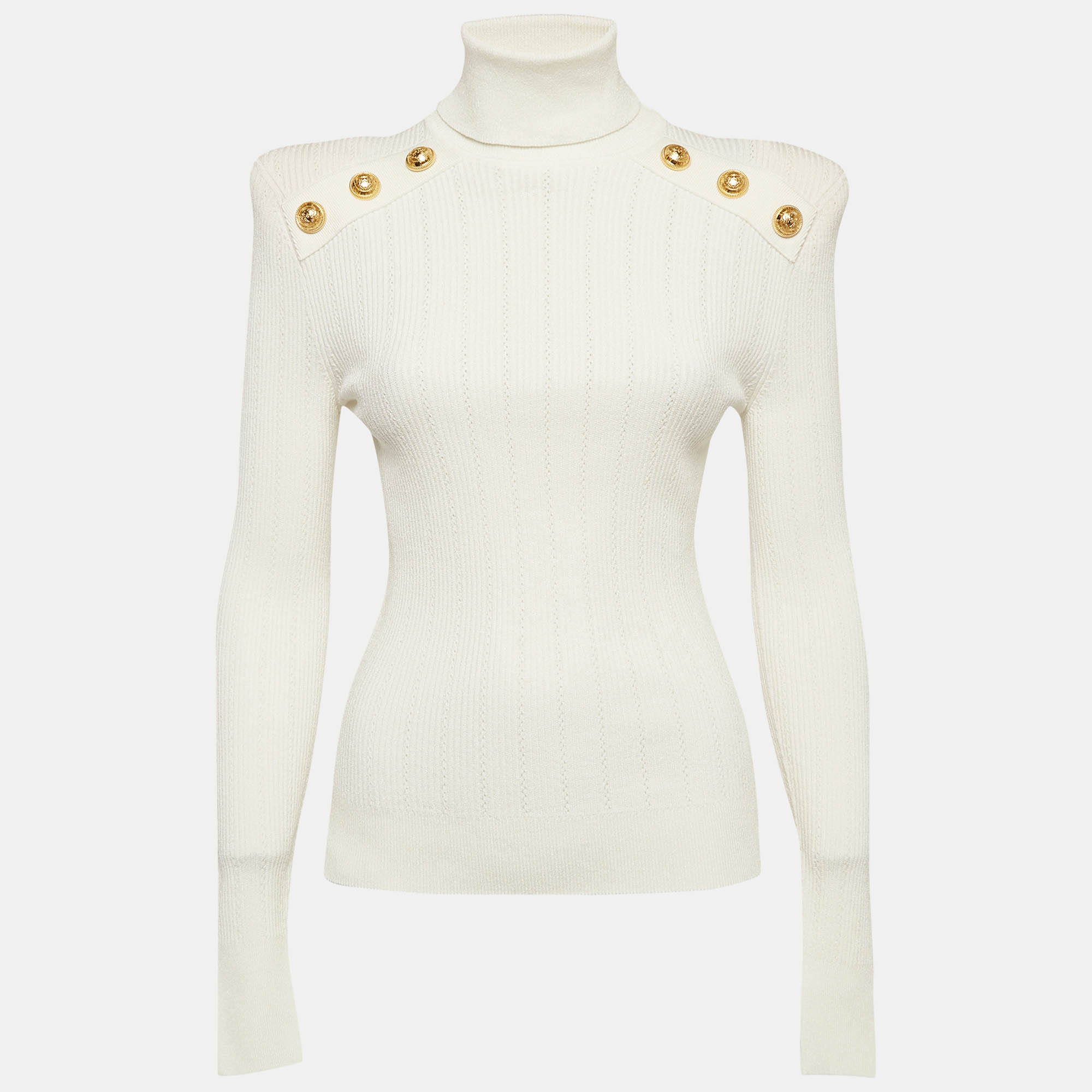 Balmain White Rib Knit Structured Shoulders Turtleneck Sweater M