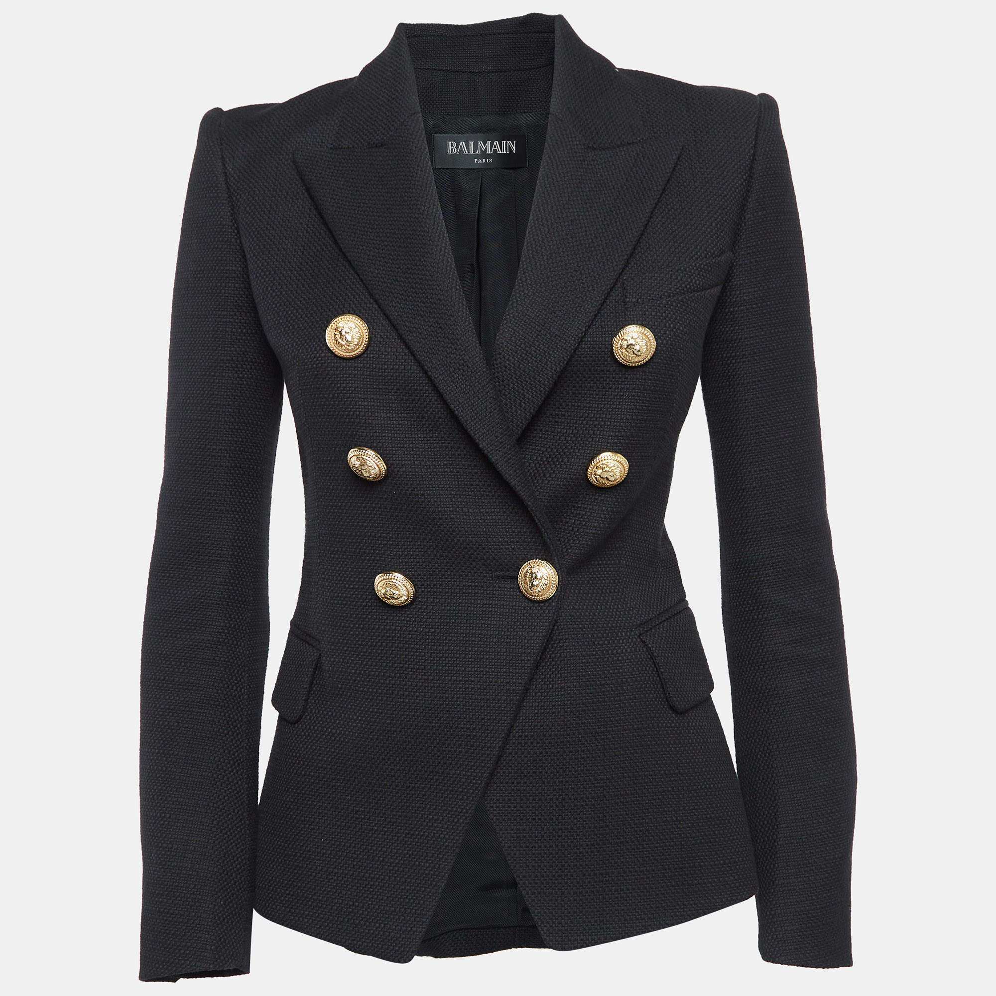 Balmain Black Basketweave Cotton Double Breasted Blazer S