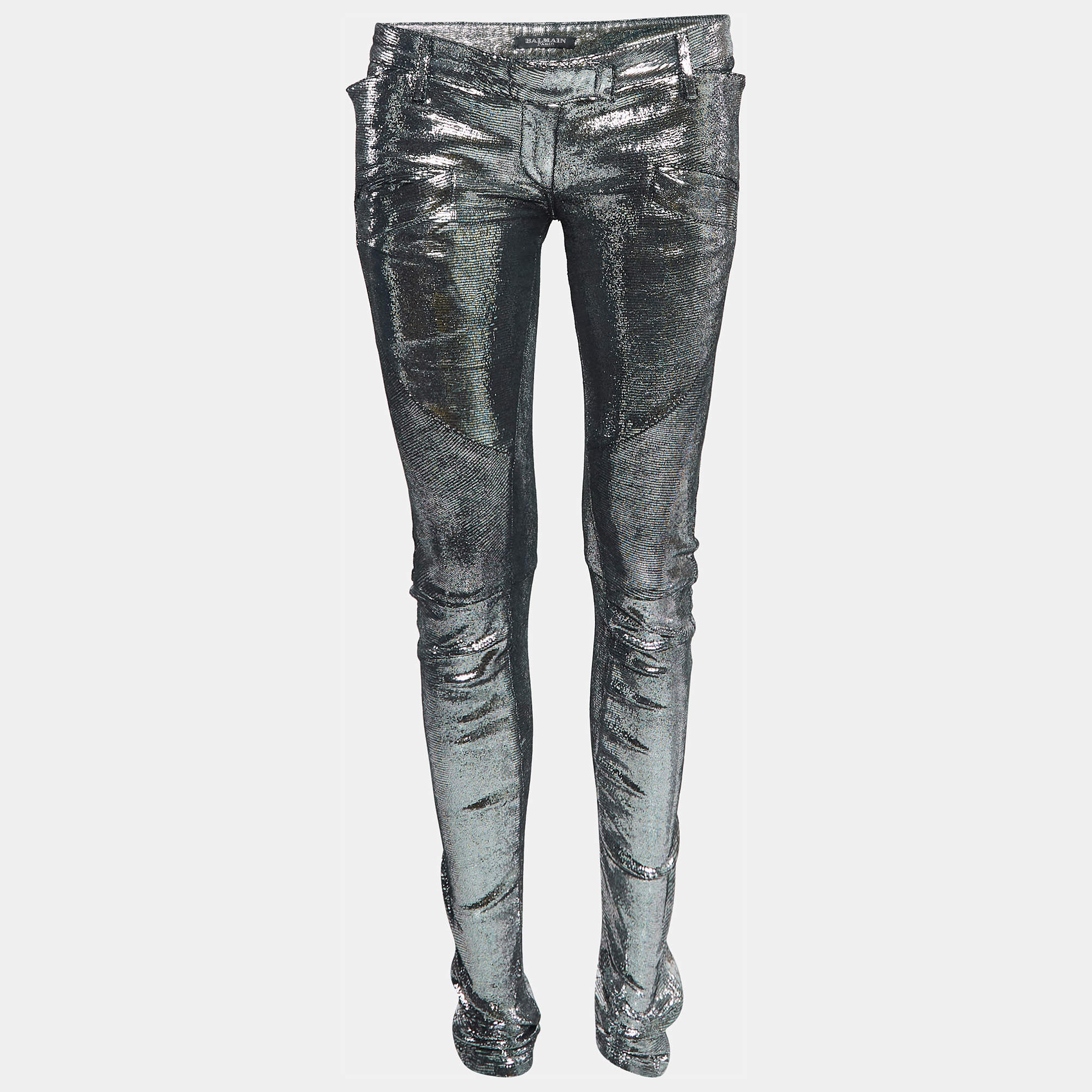 Pre Owned Balmain Metallic Printed Leather Skinny Pants M