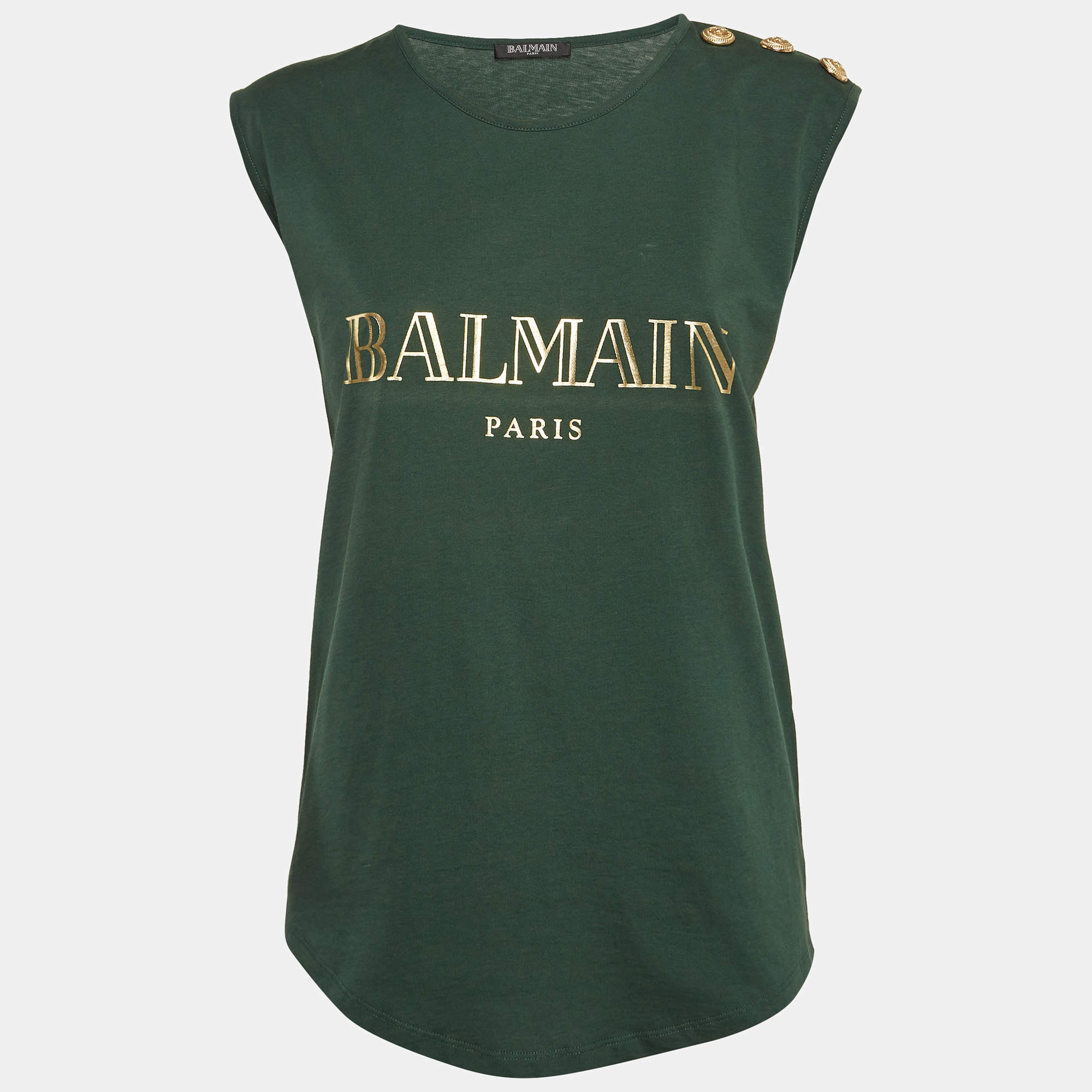 Pre Owned Balmain Green Logo Print Cotton Sleeveless T-Shirt M