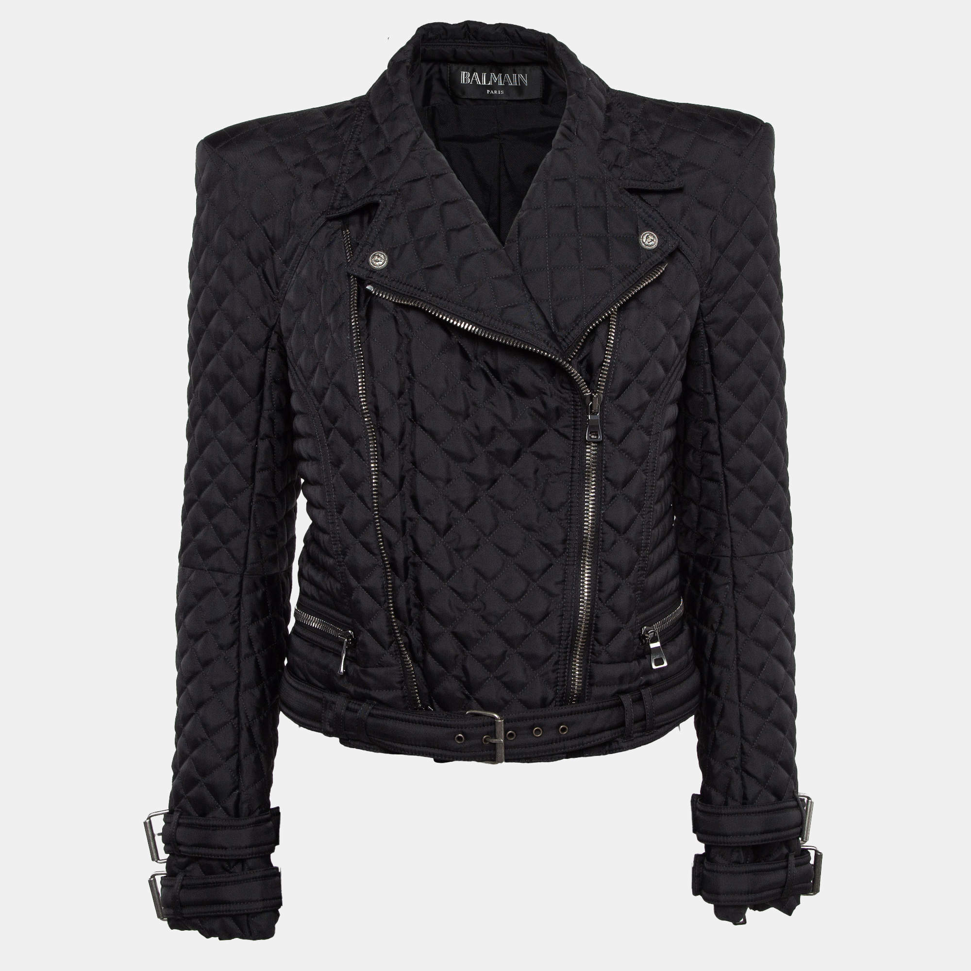 Pre Owned Balmain Black Synthetic Quilted Biker Jacket L