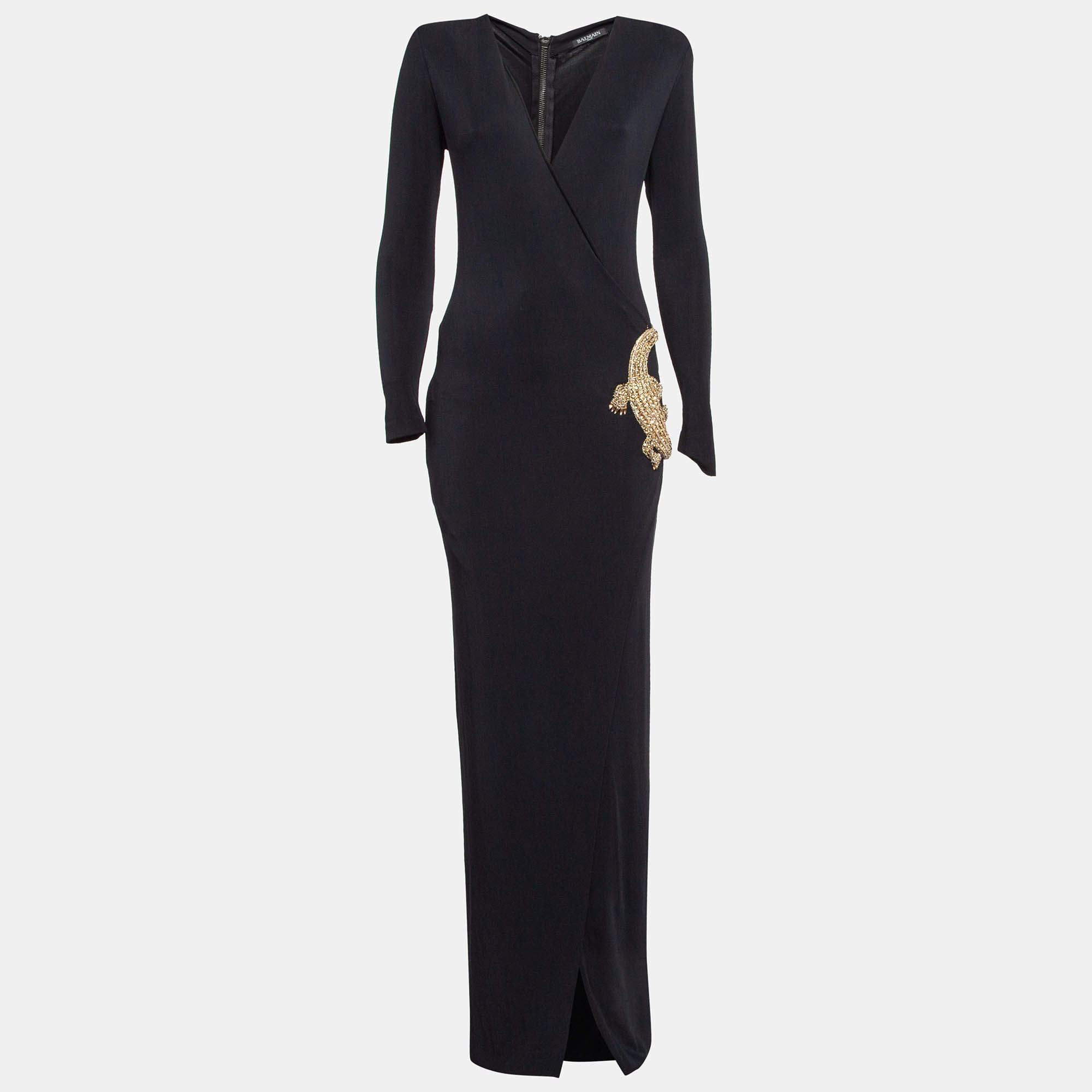 Pre Owned Balmain Black Reptile Crystal Embellished Jersey Plunging Neck Maxi Dress S