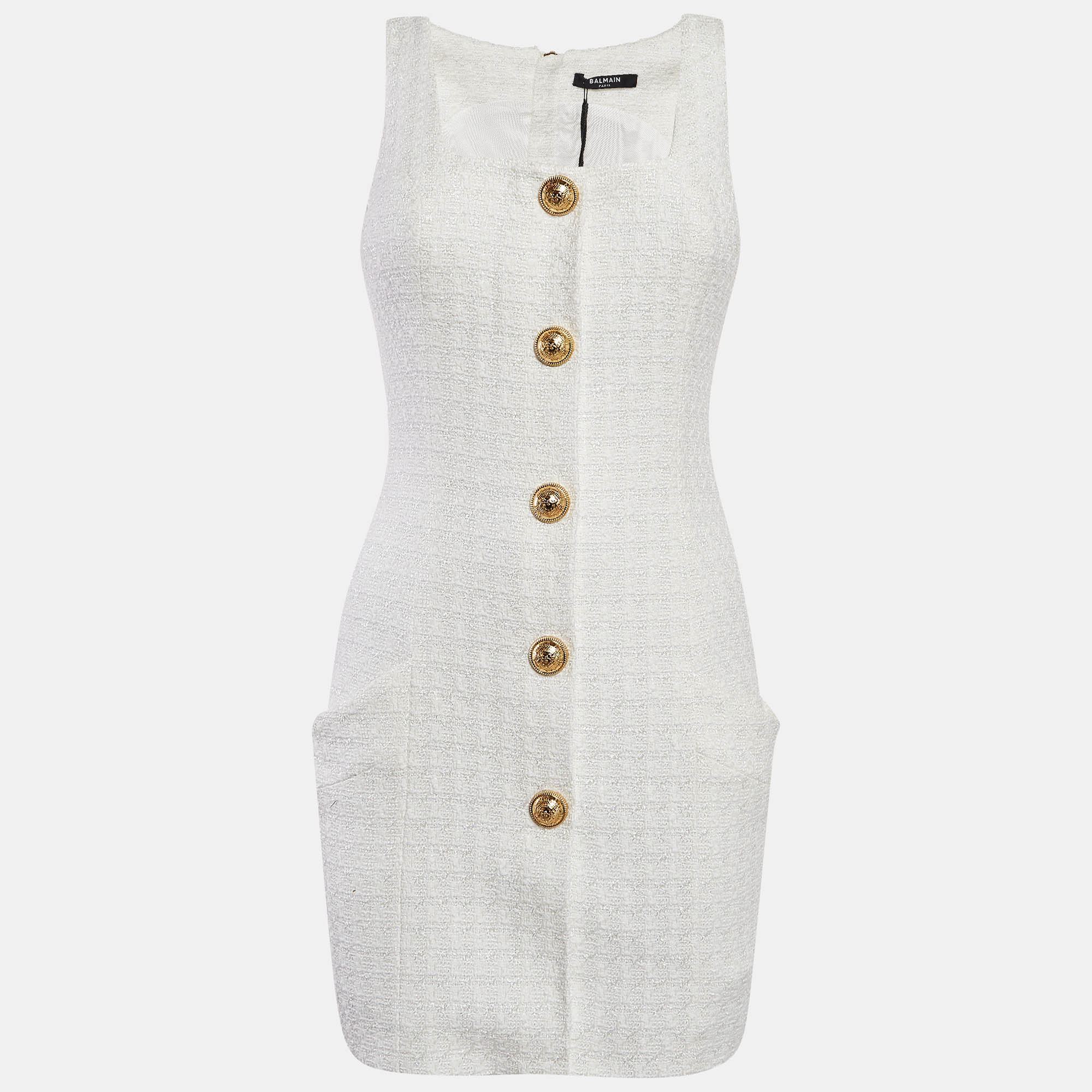 Pre Owned Balmain White Bouclé Tweed Button Detail Mini Dress S