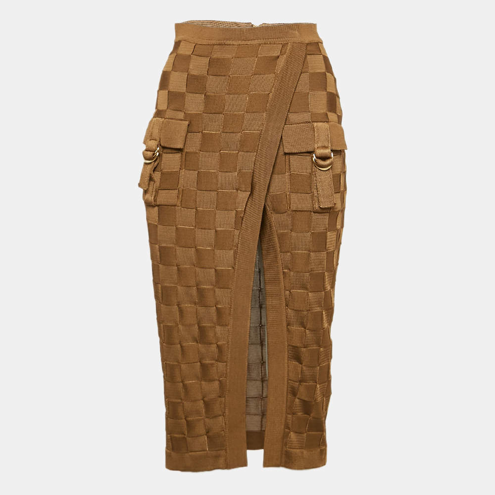 Pre Owned Balmain Brown Woven Patterned Jersey Pocket Detail Midi Skirt S