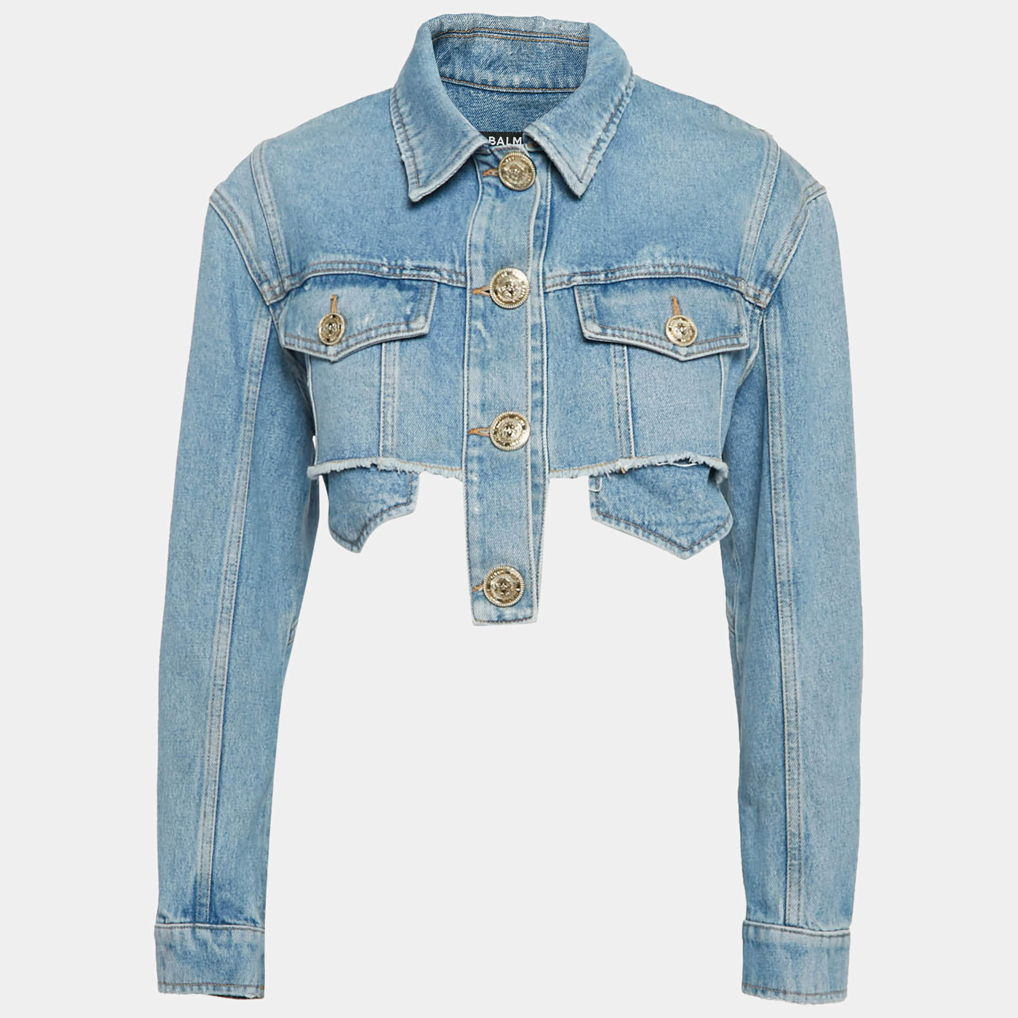 Balmain Blue Distressed Denim Raw Edge Crop Jacket S