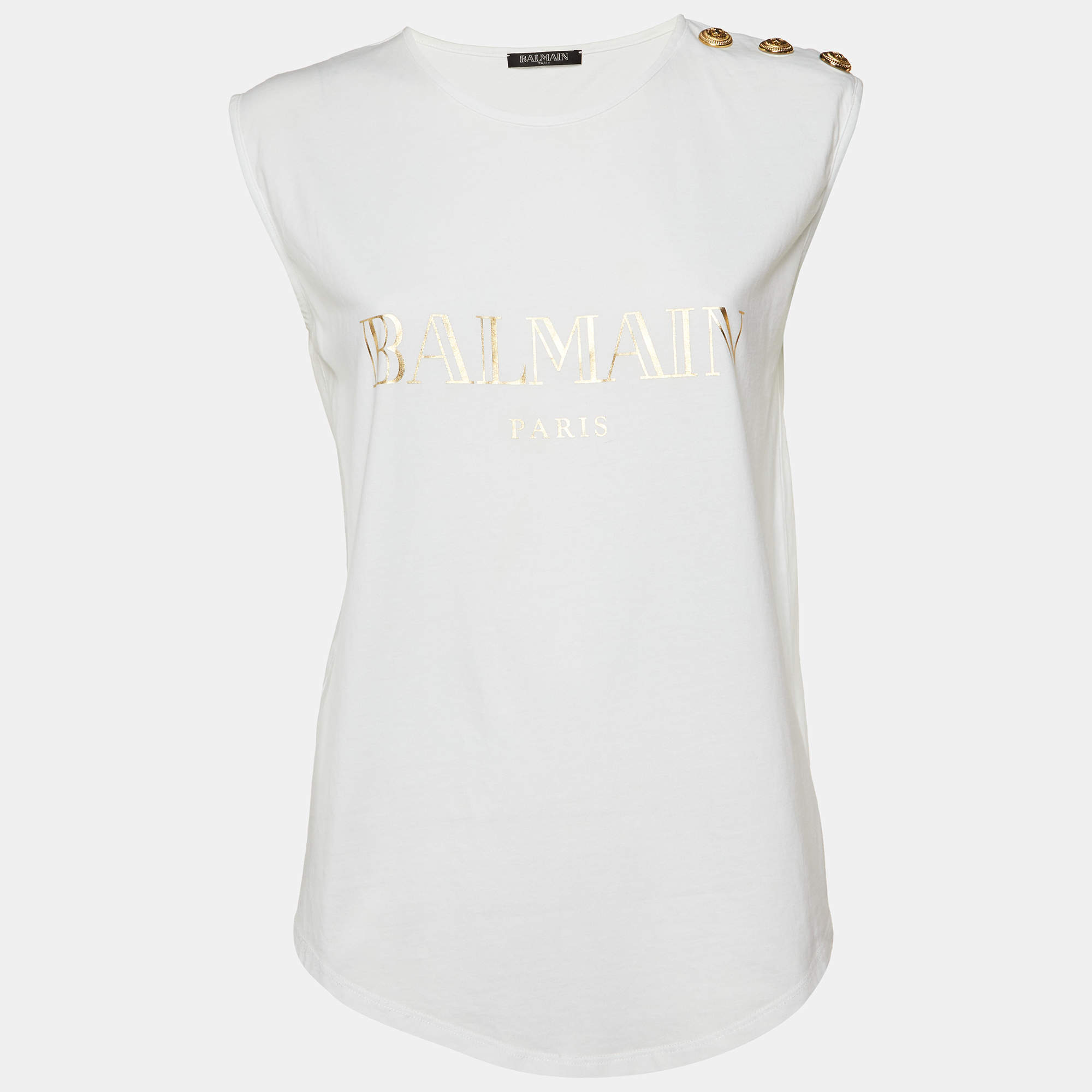 Pre Owned Balmain White Logo Print Cotton Sleeveless T-Shirt M