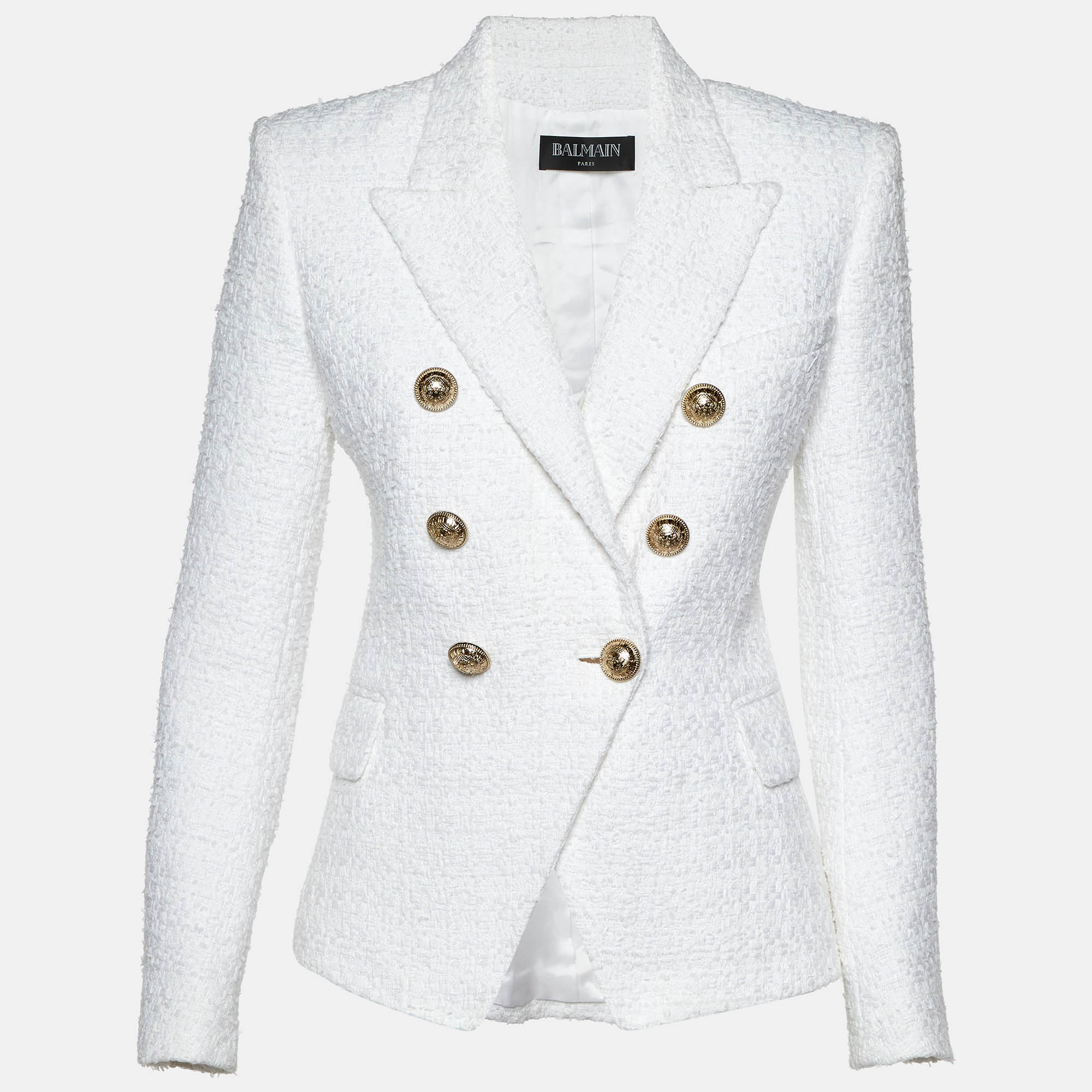Pre Owned Balmain White Tweed Double Breasted Blazer S