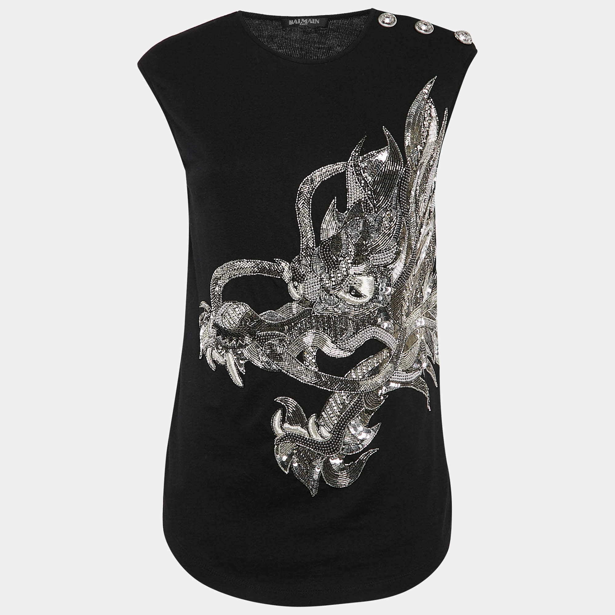 Pre Owned Balmain Black Dragon Embellished Cotton Knit Sleeveless Top M