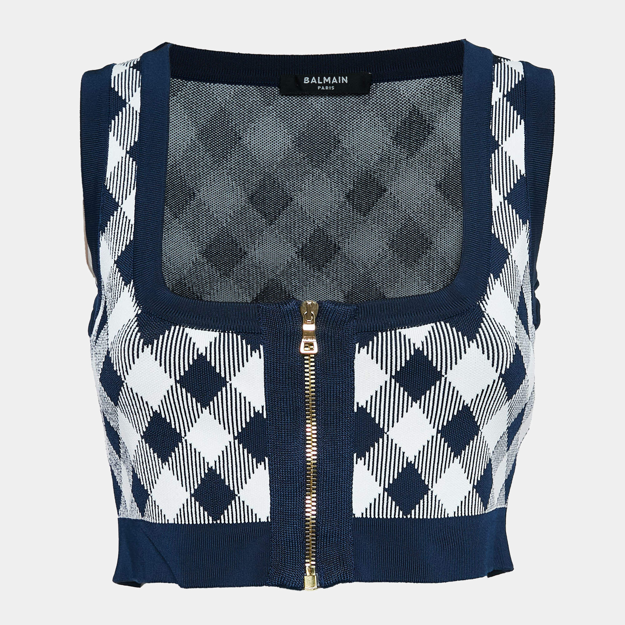 Pre Owned Balmain Blue/White Checked Stretch Knit Zip-Up Crop Top S