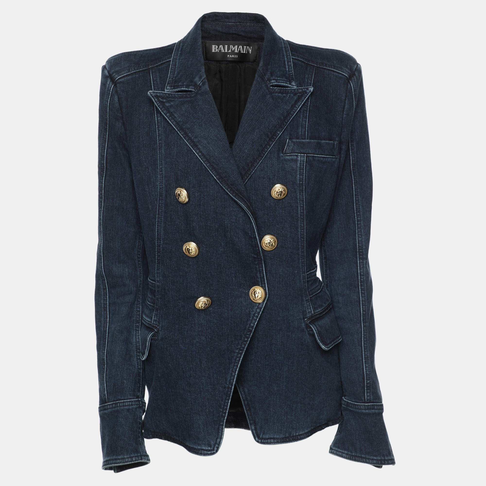 Pre Owned Balmain Navy Blue Denim Double Breasted Blazer L