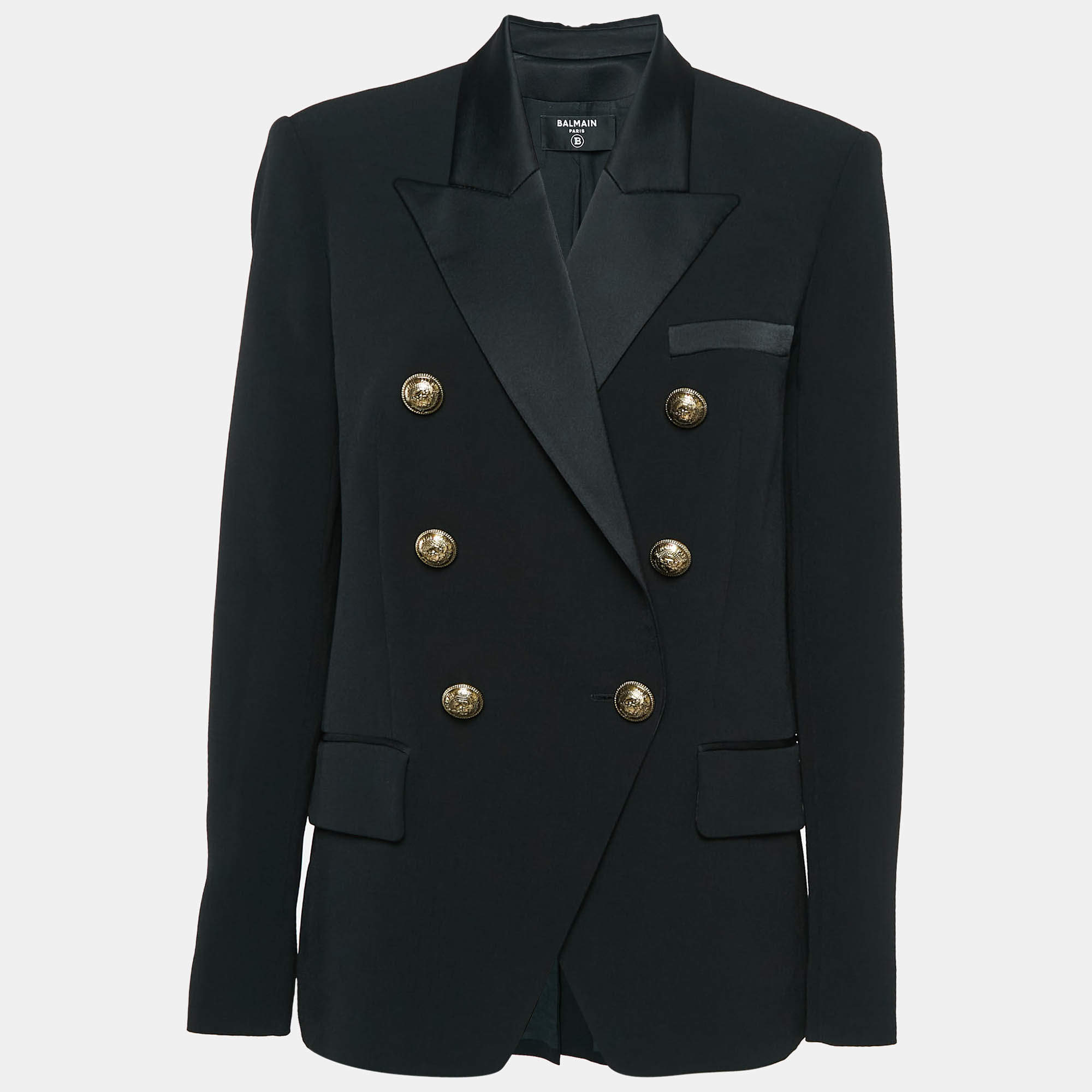 Balmain Black Crepe Grain-de-poudre Button Detail Blazer S