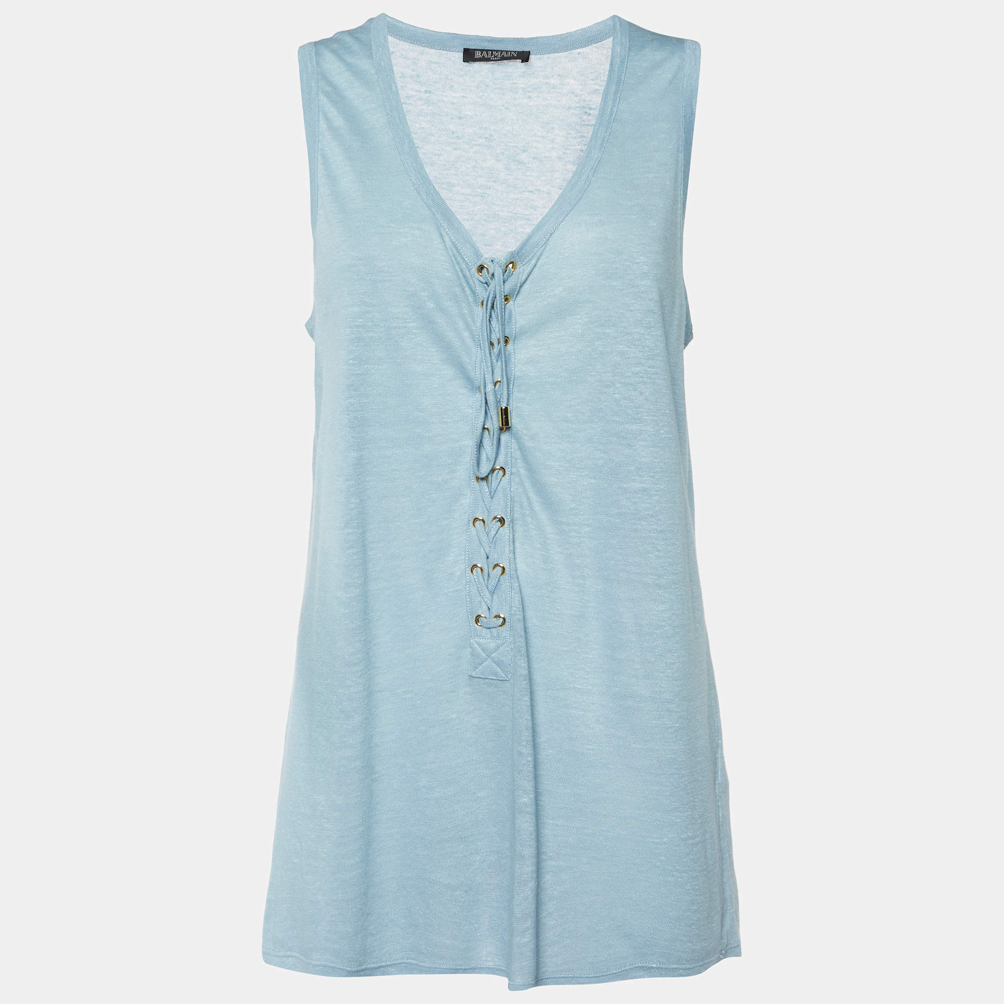 Balmain Navy Blue Cashmere Knit Lace-Up Tank Top M
