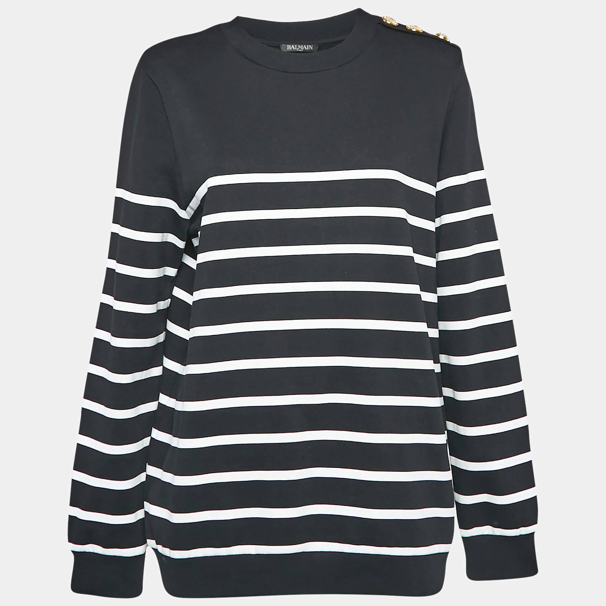 Balmain Black Striped Cotton Knit Crew Neck Sweatshirt L