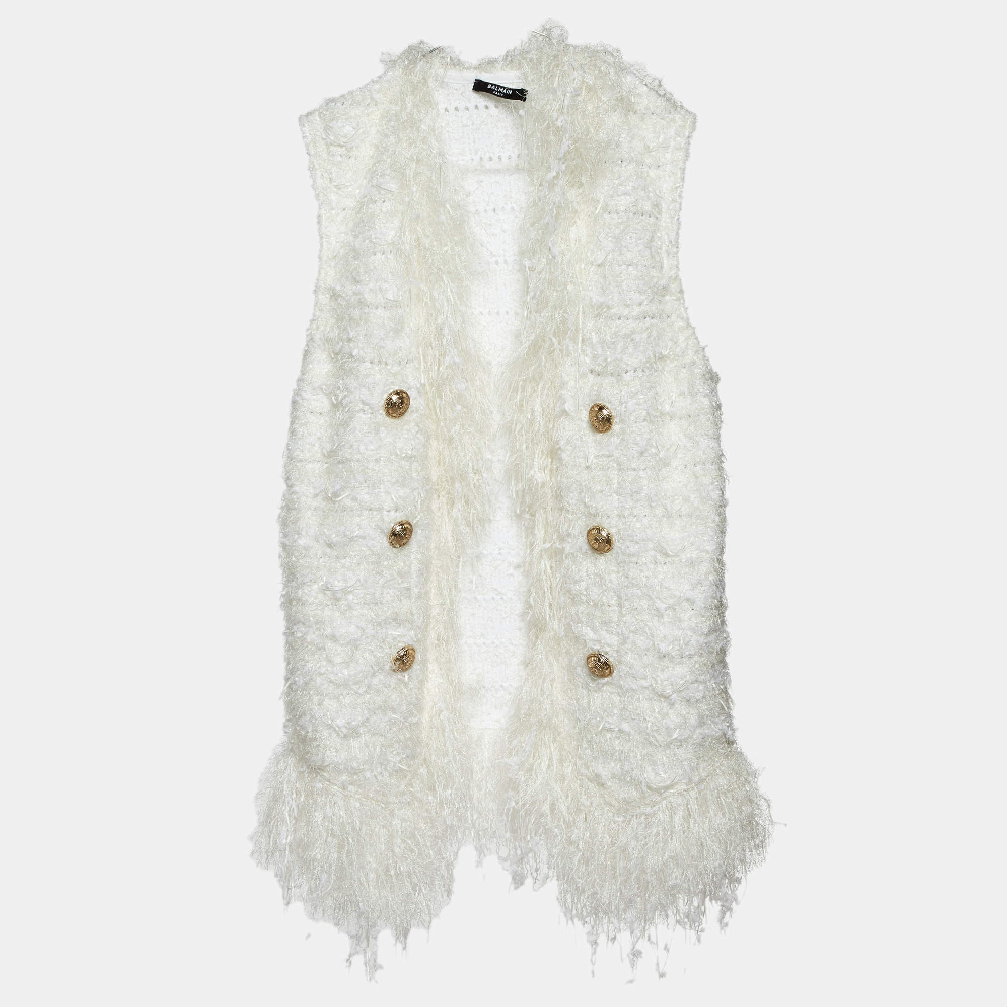 Balmain White Patterned Knit Fringed Open Front Cardigan M