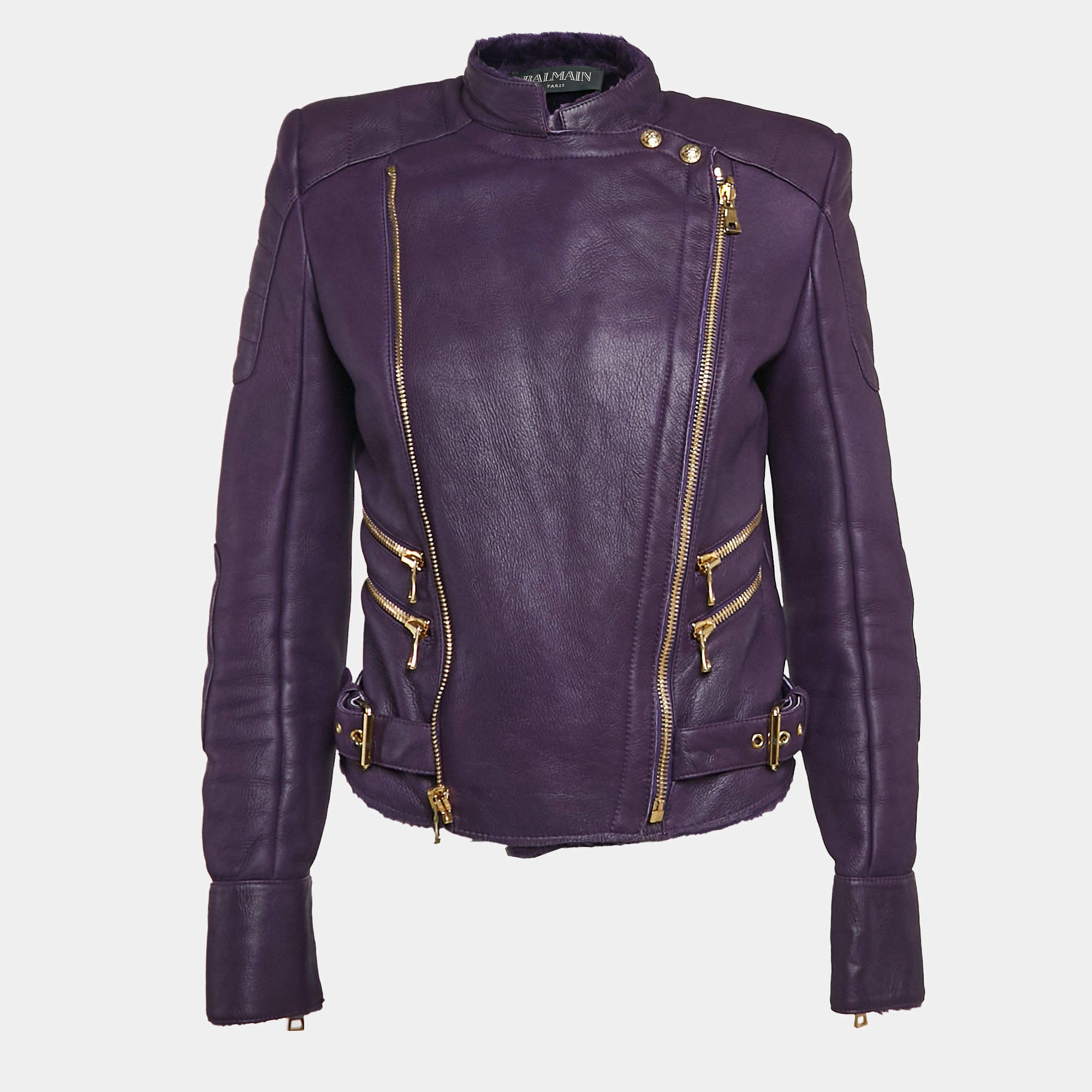 Balmain Purple Shearling Trim Leather Zipper Detail Jacket M