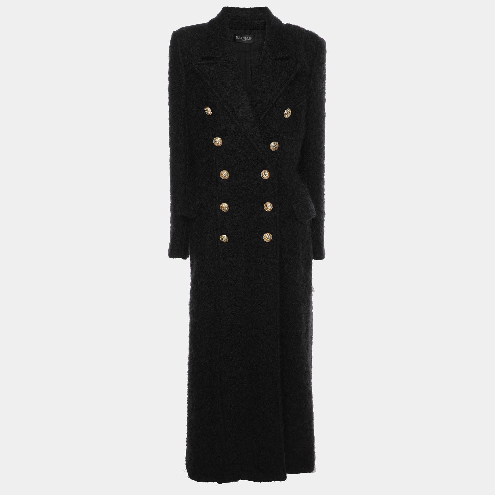Balmain Black Mohair Wool Double Breasted Long Coat L